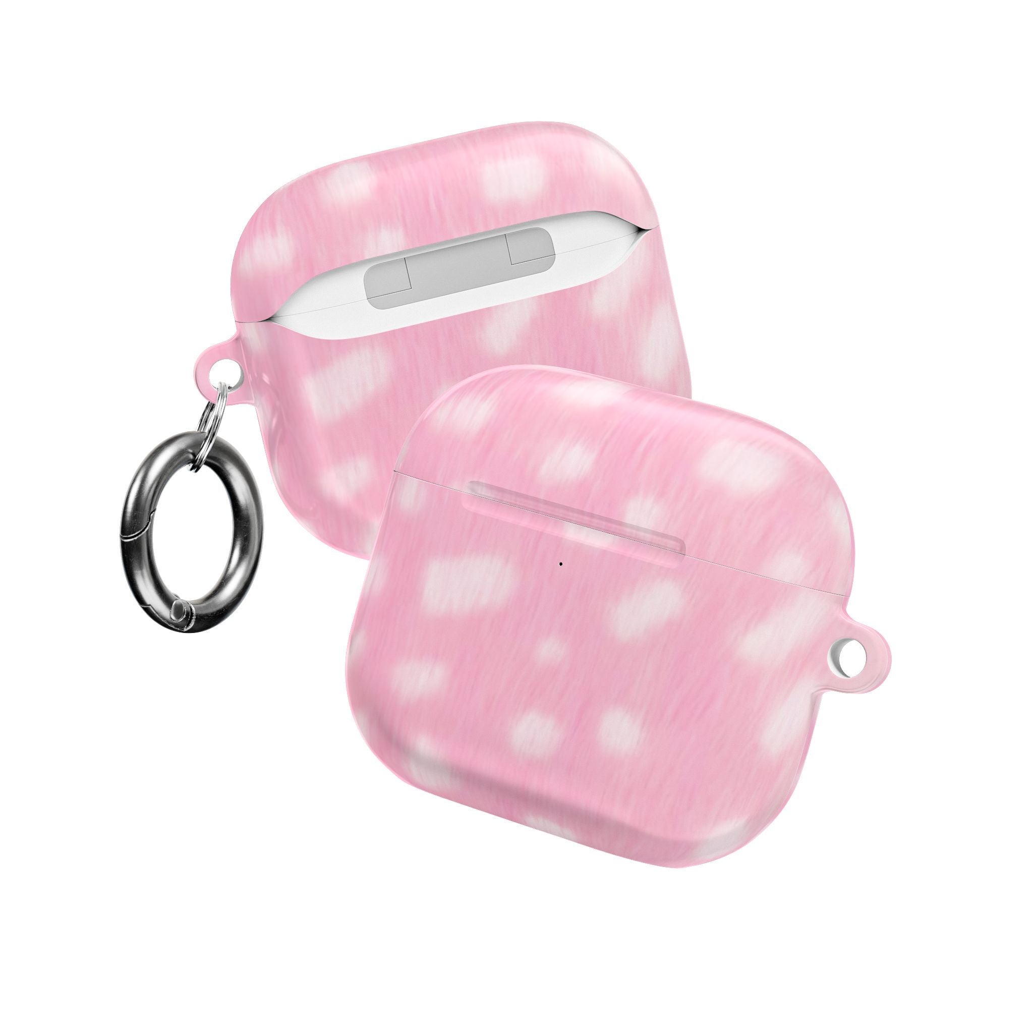 Pink patterned AirPods case with open lid and metal keyring attached