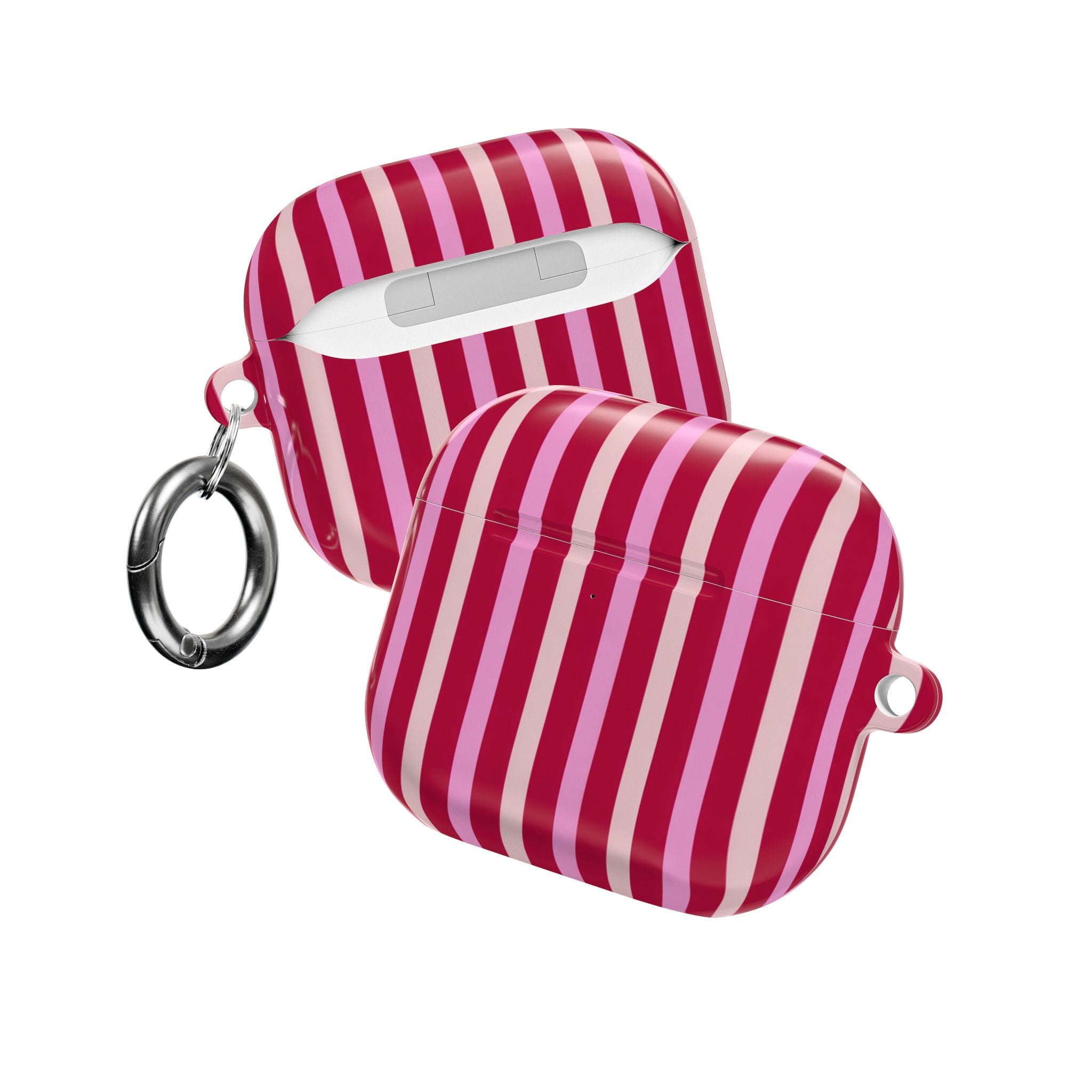 AirPod case with berry-and-blush striped design, charging slot and two metal keyrings