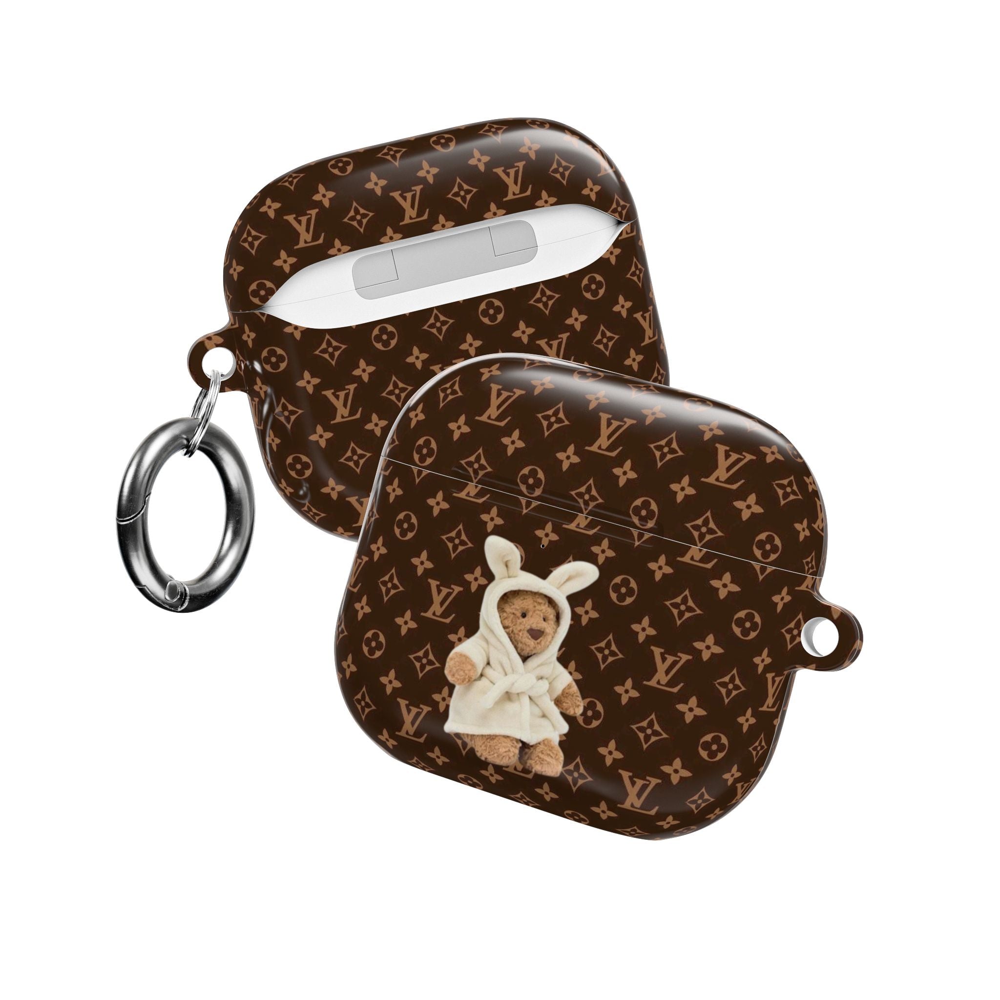 2-pack LV monogram AirPods cases with teddy bear charms and metal key rings
