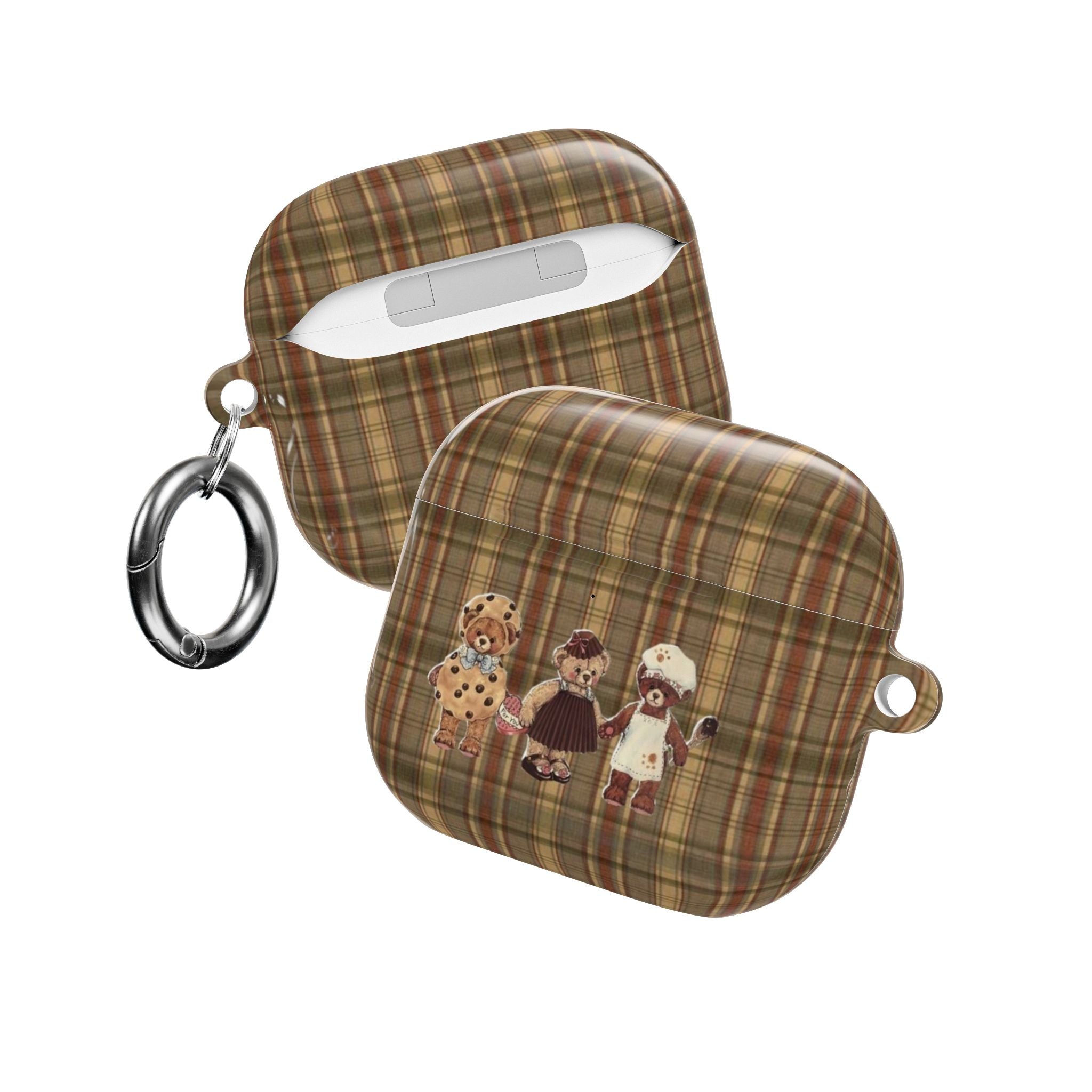 Brown plaid AirPods case with teddy bear appliques, charging slot detail and keyring
