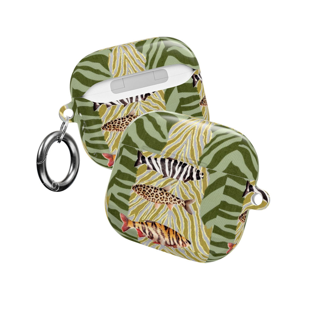 AirPods case with green zebra and leopard print, ladybug accents, keychain loop