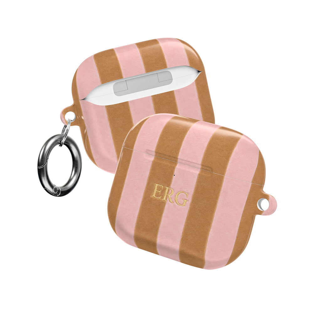 PERSONALIZED NAME CUSTOM BEIGE & PINK STRIPES INITIALS AIRPOD CASE