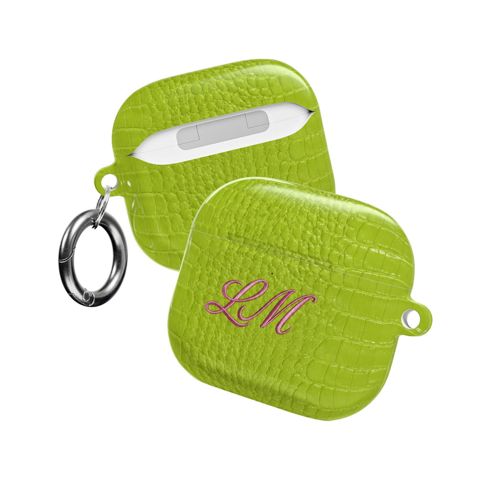 PERSONALIZED LIME GREEN CROC MONOGRAM INITIALS CUSTOM NAME AIRPOD CASE