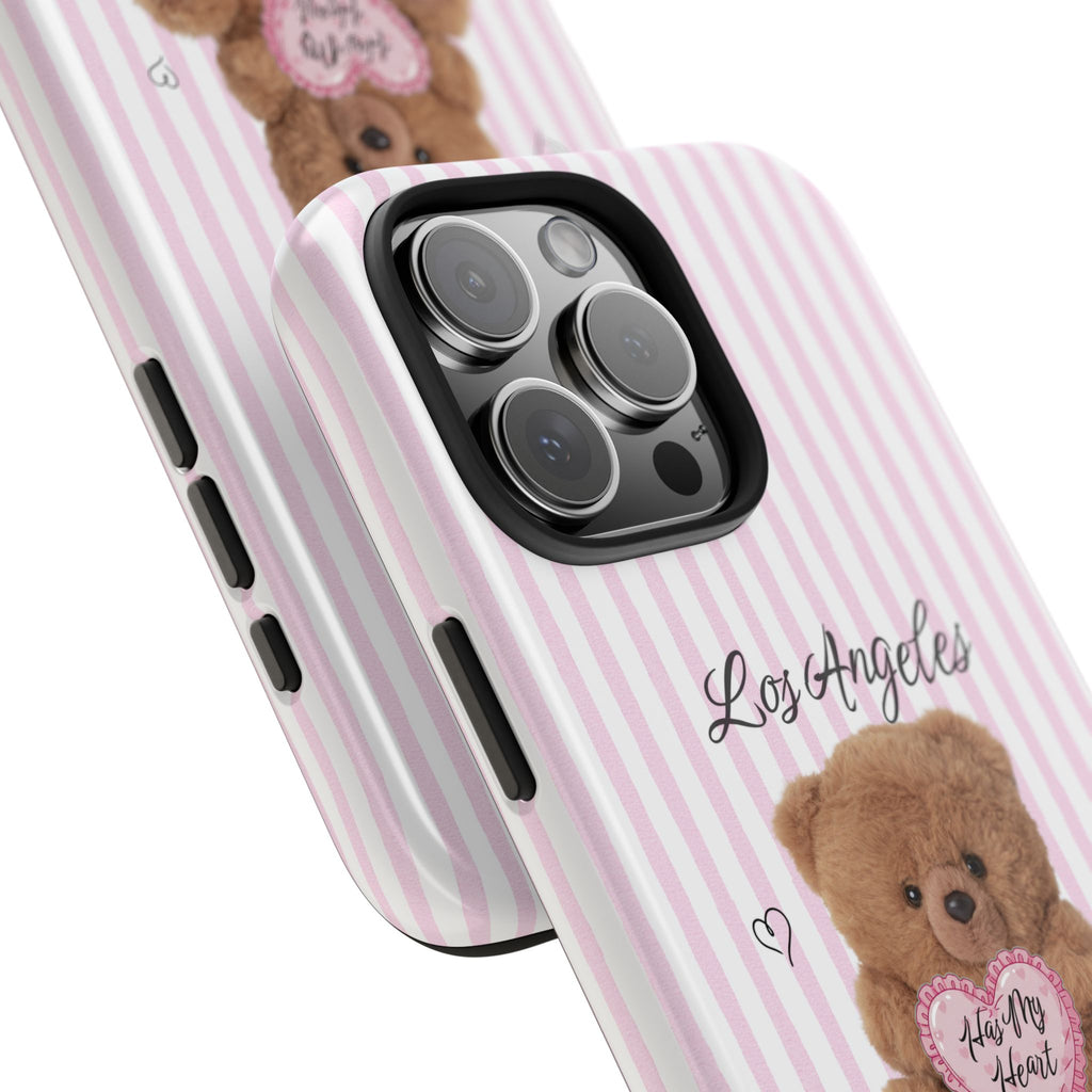 LOS ANGELES HAS MY HEART TEDDY BEAR PINK STRIPES PHONE CASE