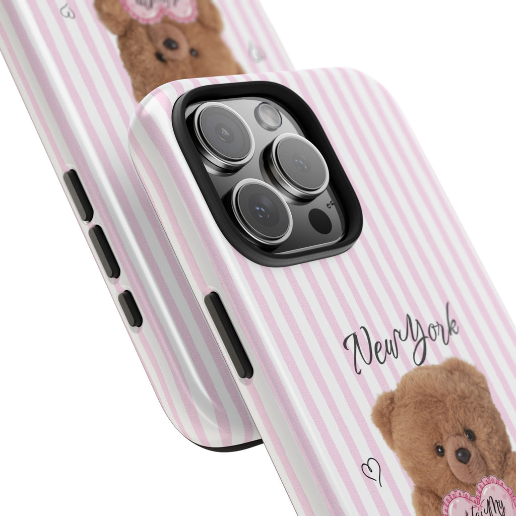 NEW YORK HAS MY HEART TEDDY BEAR PINK STRIPES PHONE CASE