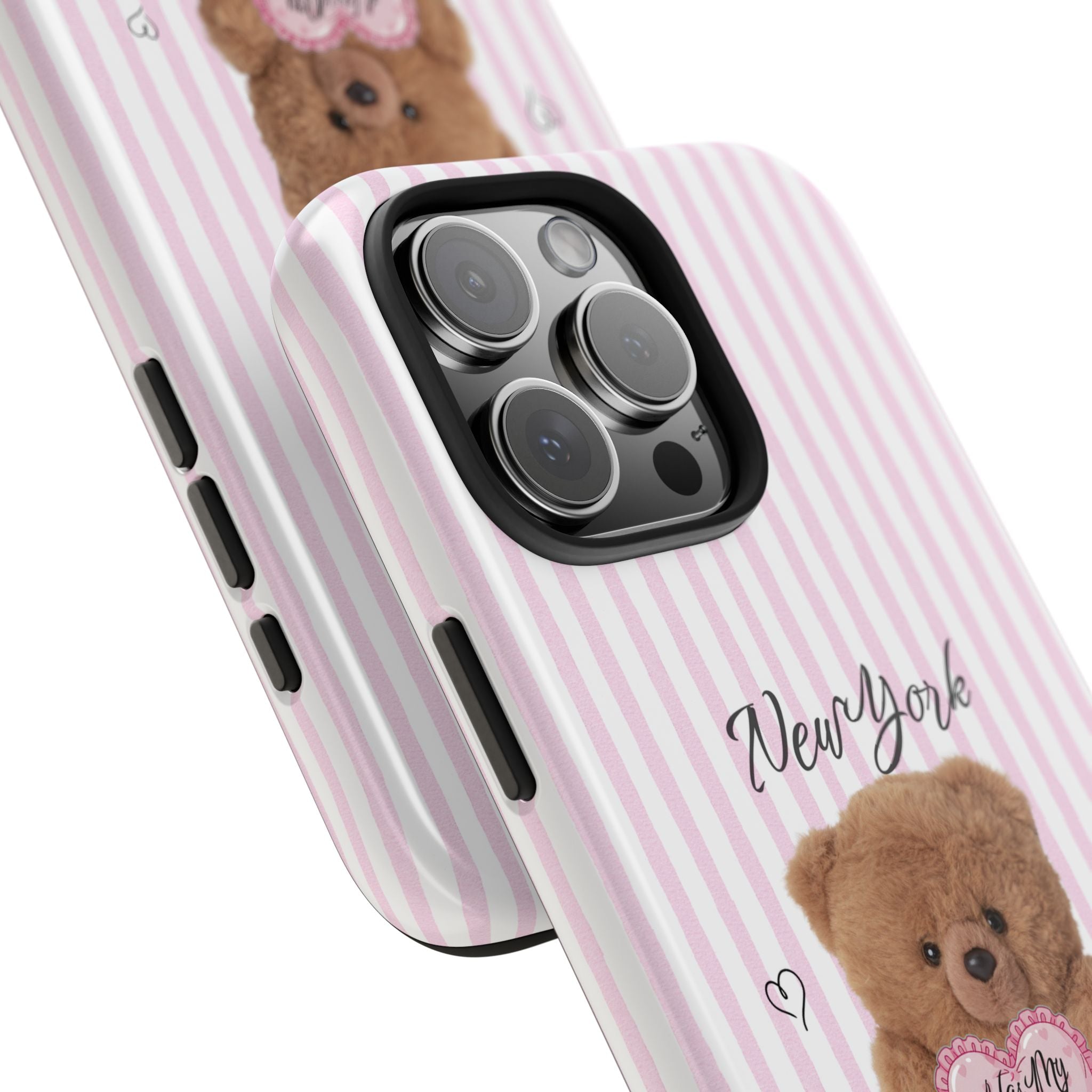 NEW YORK HAS MY HEART TEDDY BEAR PINK STRIPES PHONE CASE