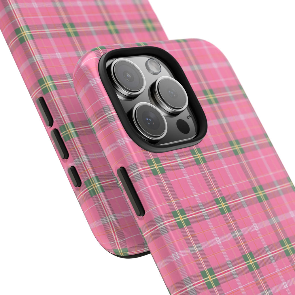 Pink and green plaid phone case showing side buttons and camera-protector bump