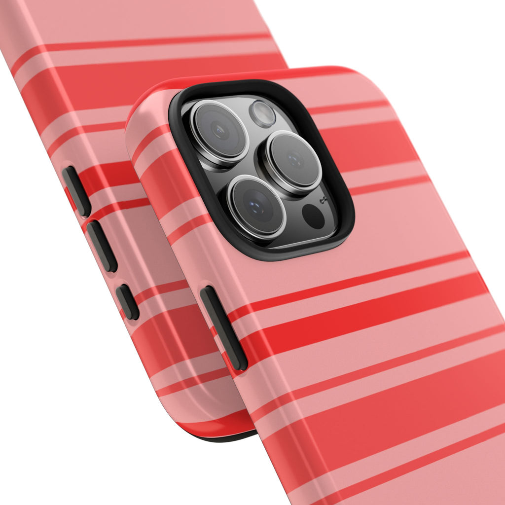Coral striped phone case, angled view with camera bump and side button covers