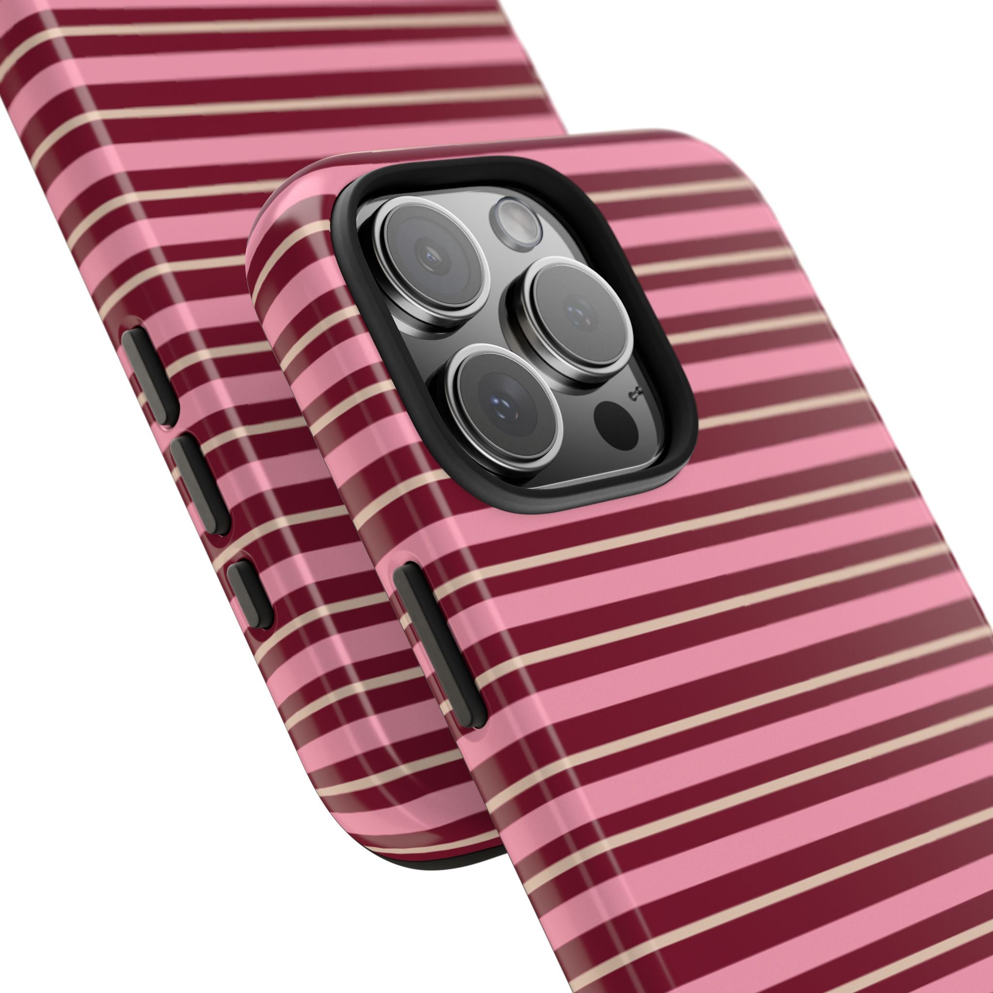 Slanted view: pink and white horizontal striped phone case with black camera cutout