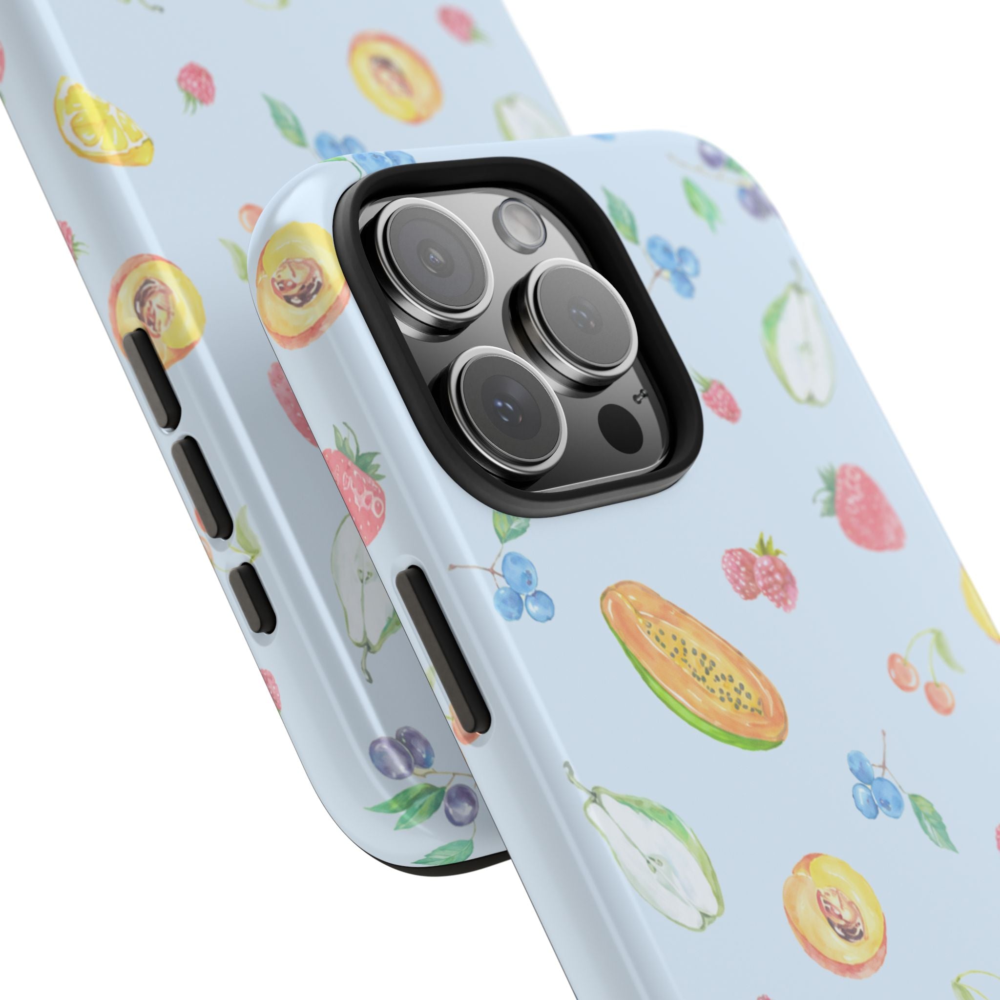 Angled view of light blue fruit sorbet phone case with raised camera lens area