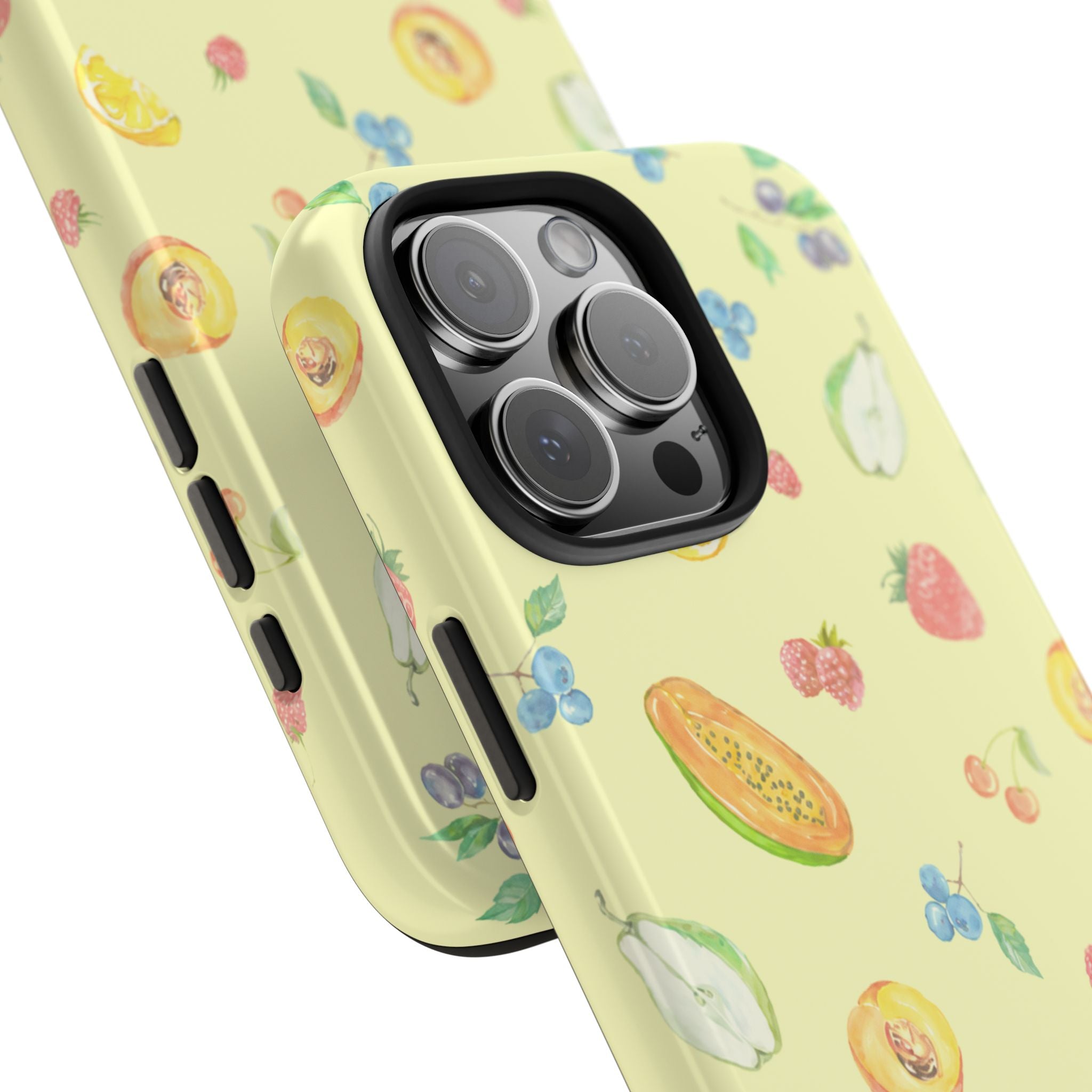 Yellow phone case with colorful fruit pattern and camera cutouts