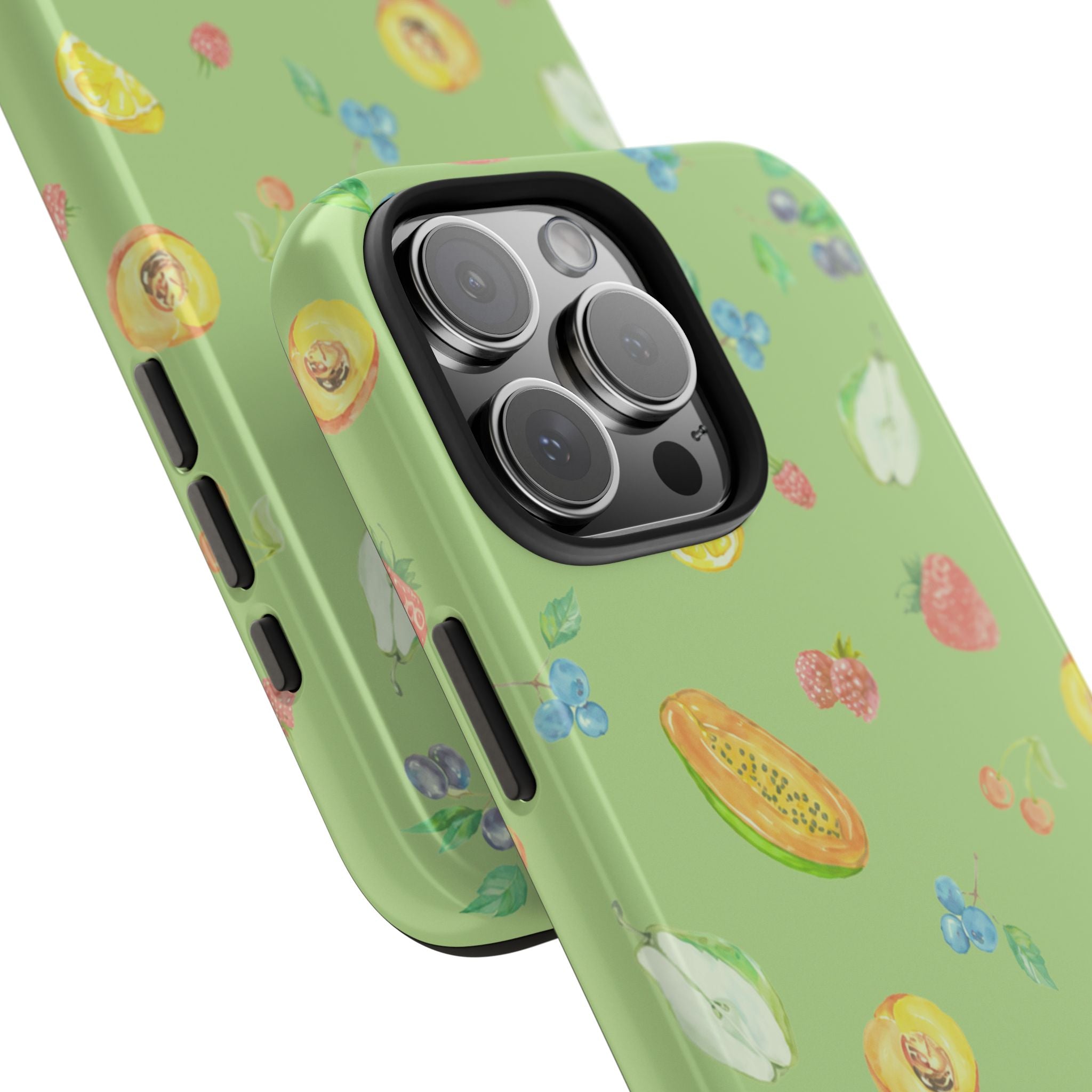 Side view green phone case with fruit sorbet design and raised camera module