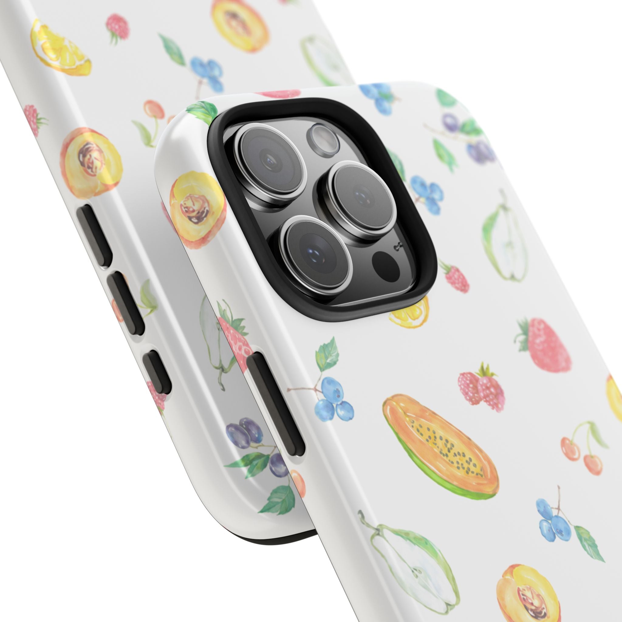 Fruit-pattern phone case close-up with side button cutouts and triple camera opening