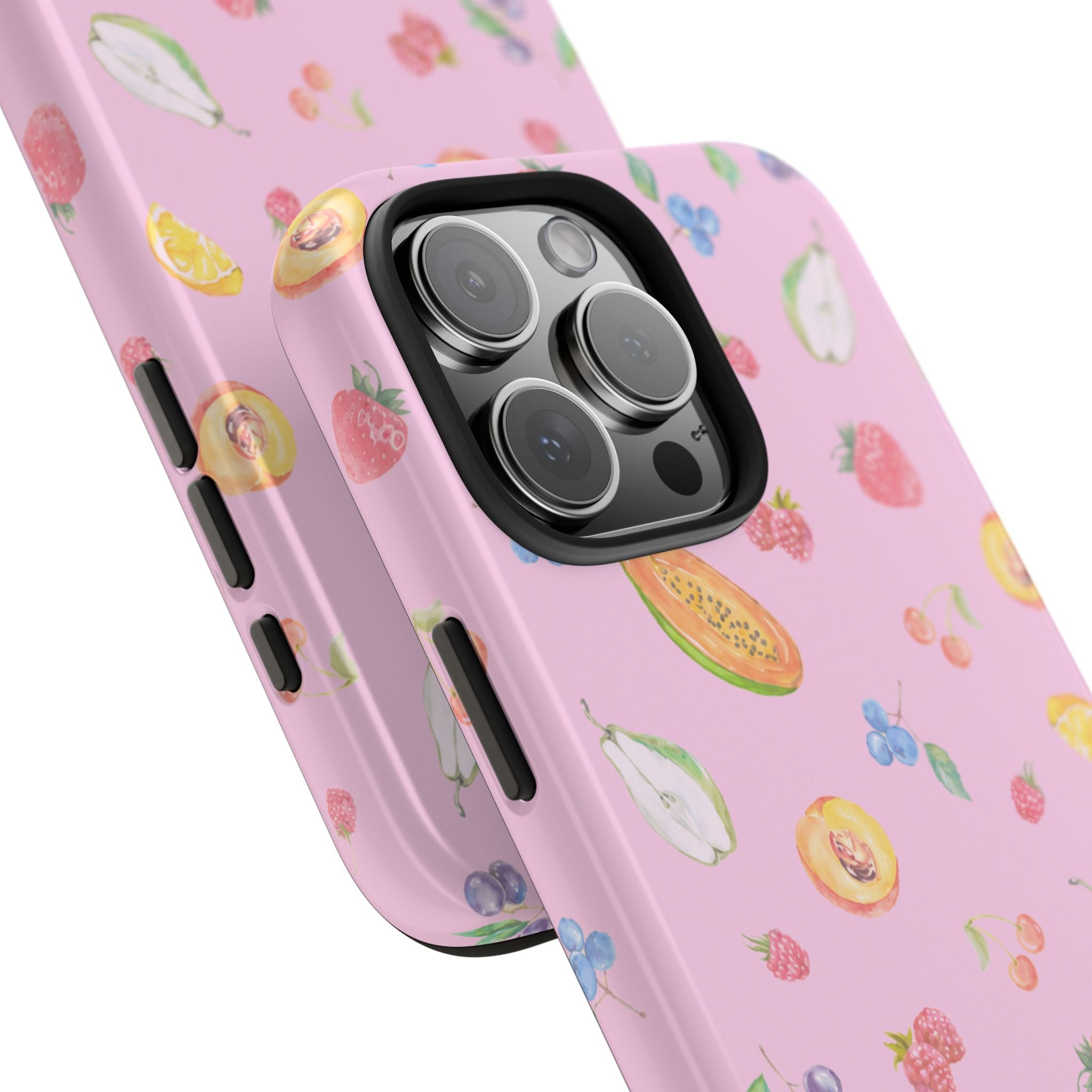 Pink fruit sorbet phone case angled view with raised camera cover and side buttons