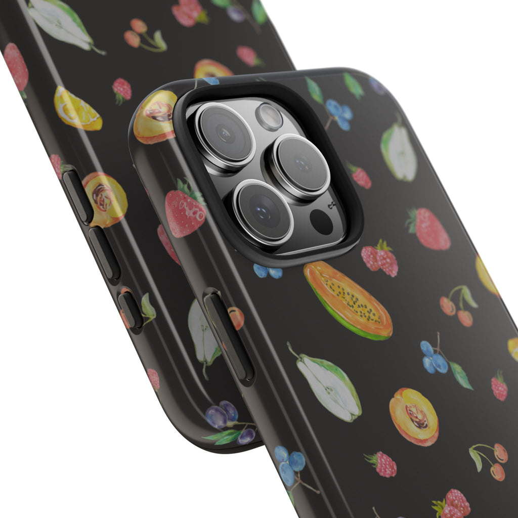 Black fruit sorbet phone case, angled view showing camera lenses and colorful fruit print.
