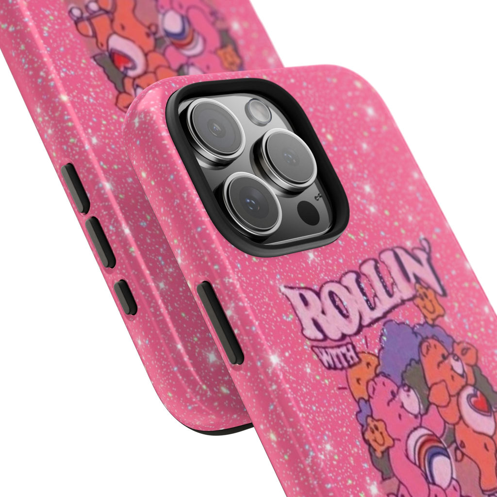 Pink glitter phone case with side button cutouts and camera area