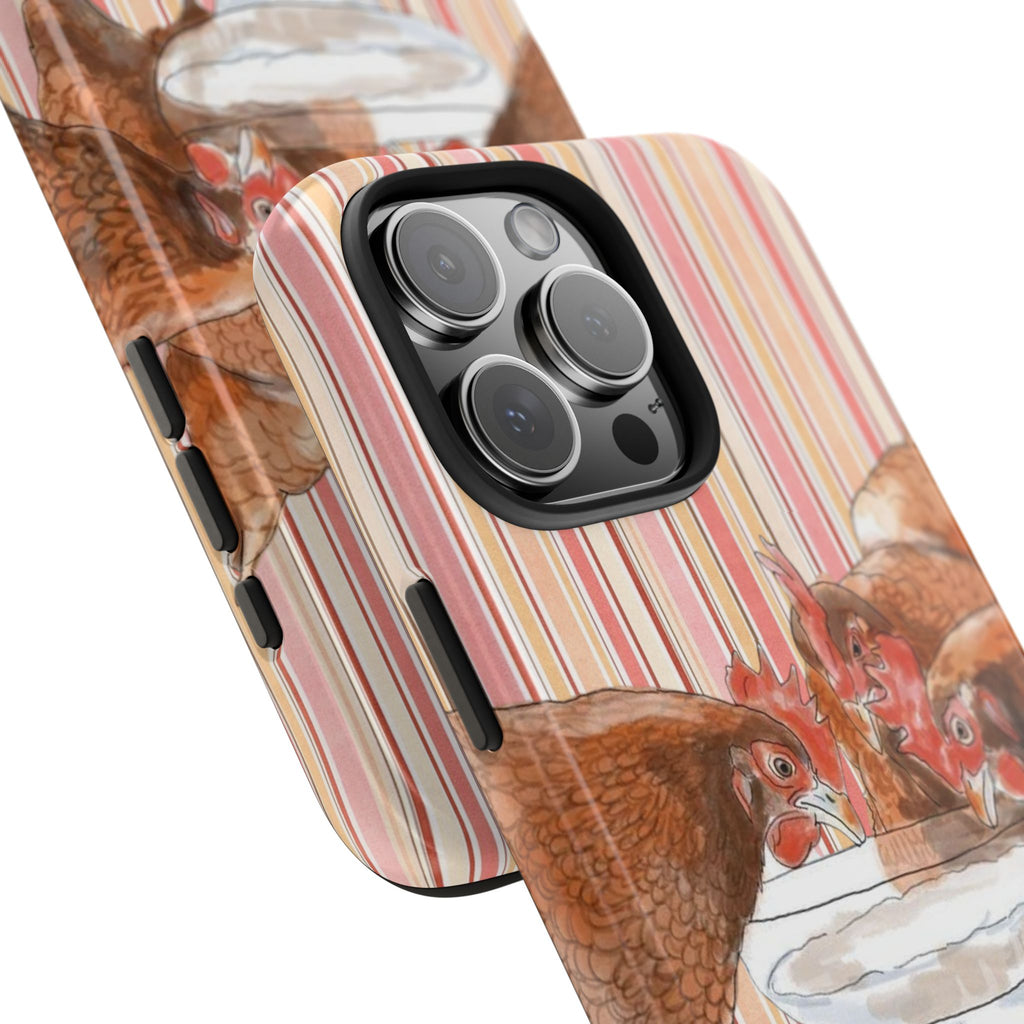 Close-up phone case: roosters, margarita glass, and pink-orange vertical stripe pattern