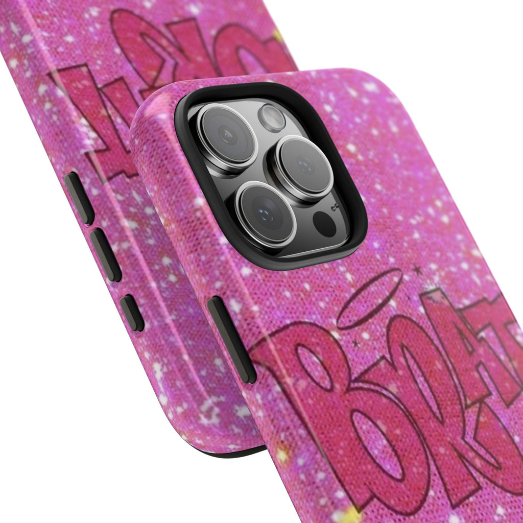 Angled view of pink glitter BRAT phone case with camera bump protection