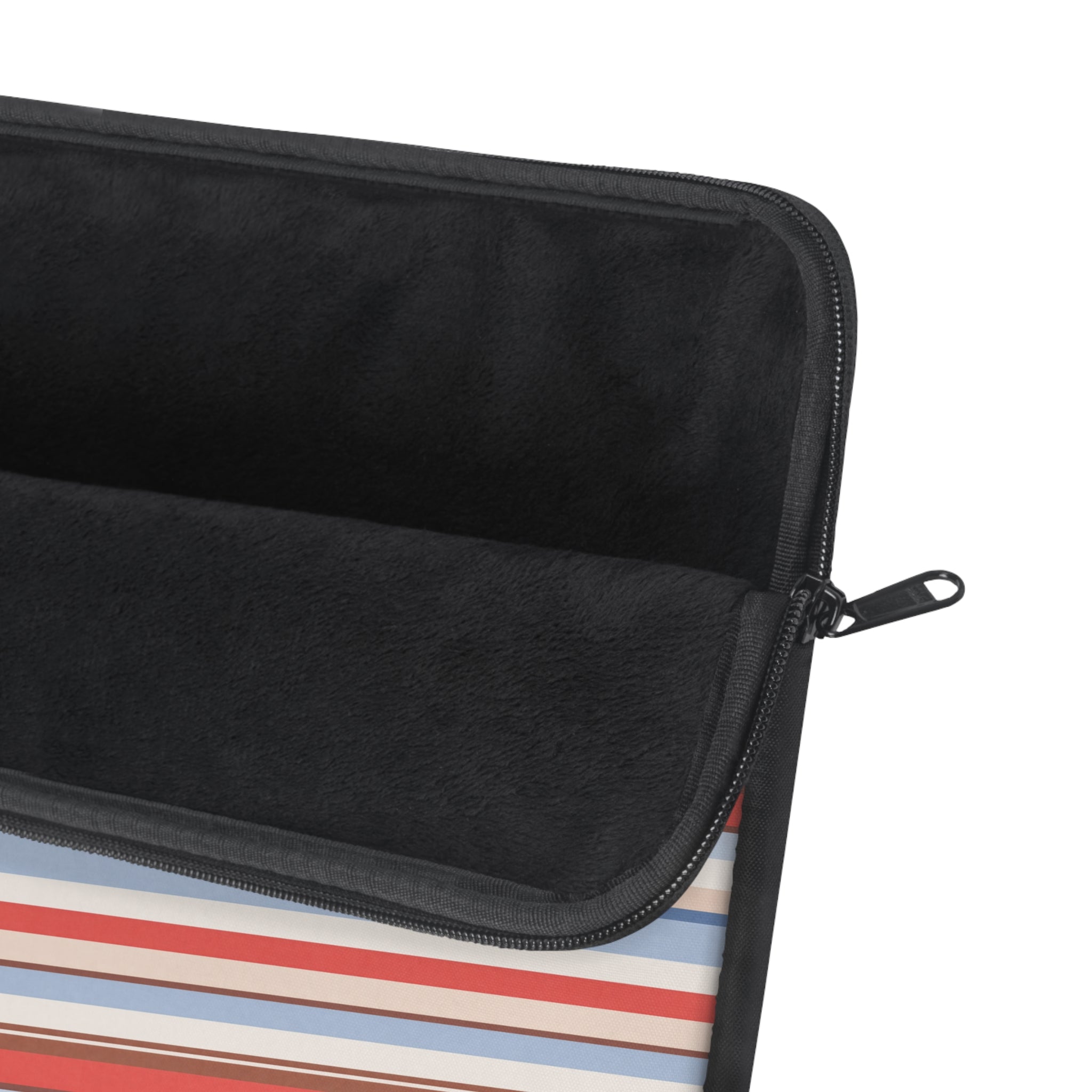 Neoprene device sleeve with black interior lining and black zipper on striped exterior