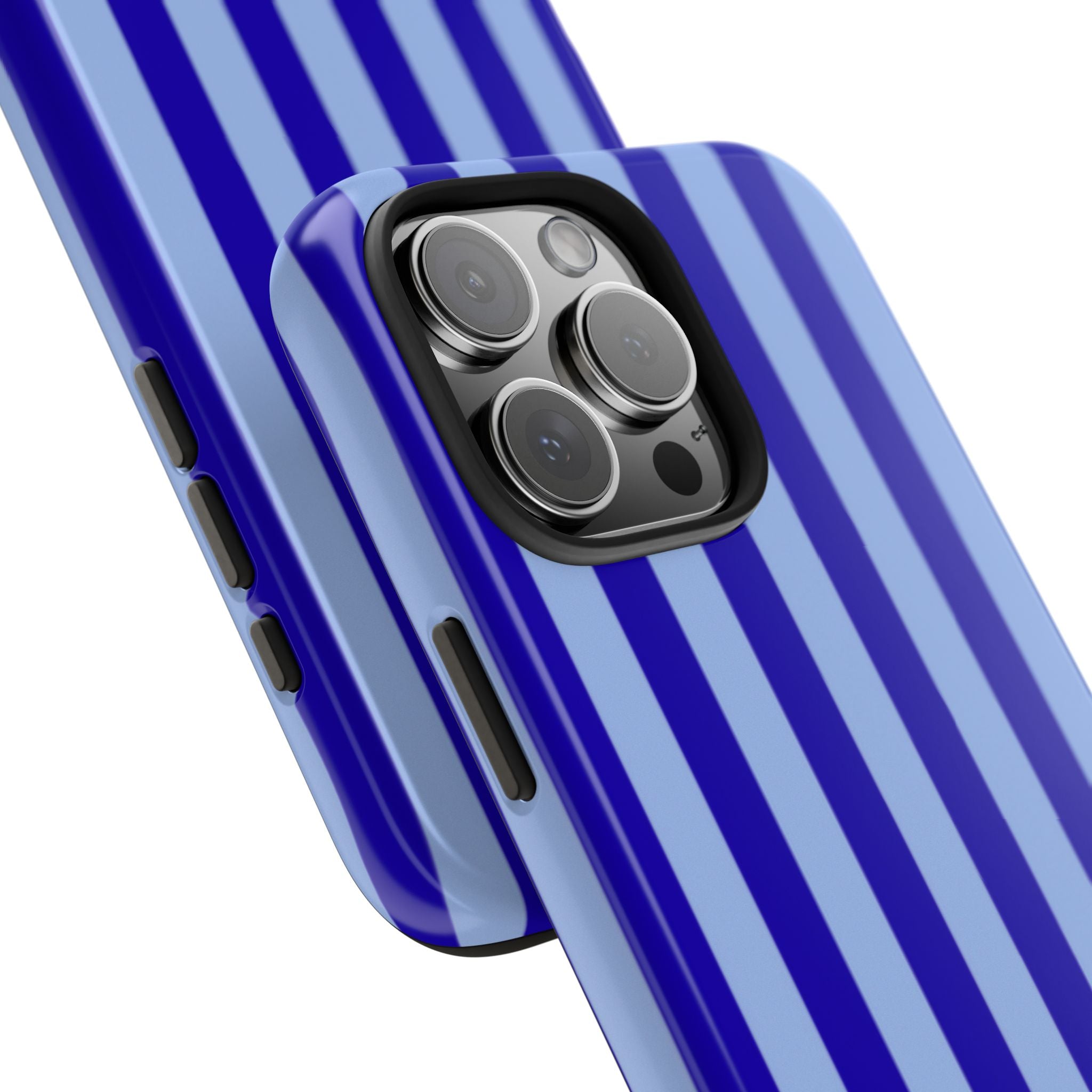 Phone case with vertical stripes and protective camera bump with lens cutouts
