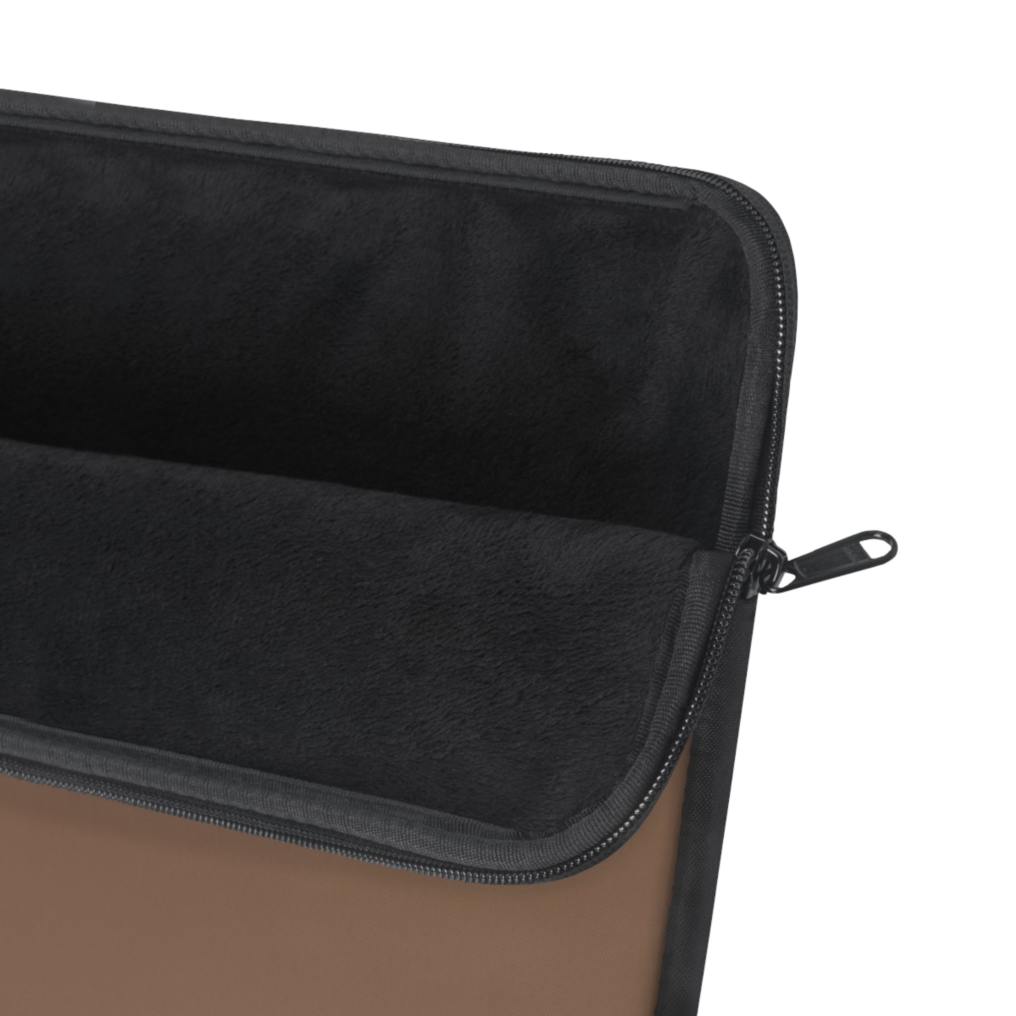 Black-lined interior of brown sleeve with zipper closure and stitched seam