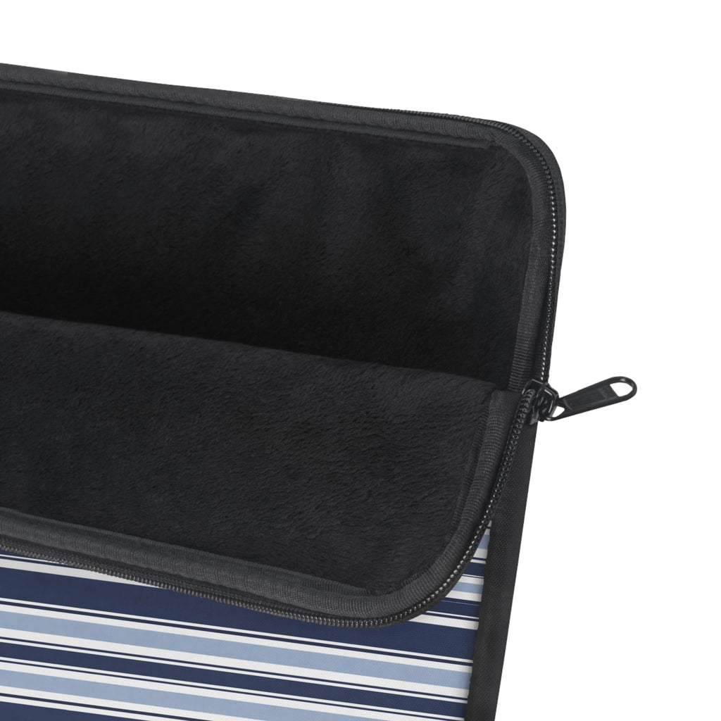 Neoprene sleeve interior lining with black zipper edge and navy-and-white stripe panel