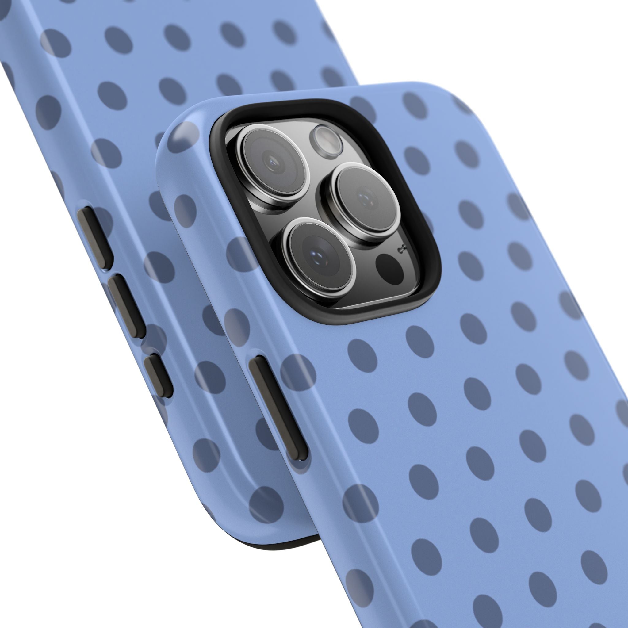 Light blue phone case with dark gray polka dots and triple-lens camera cover