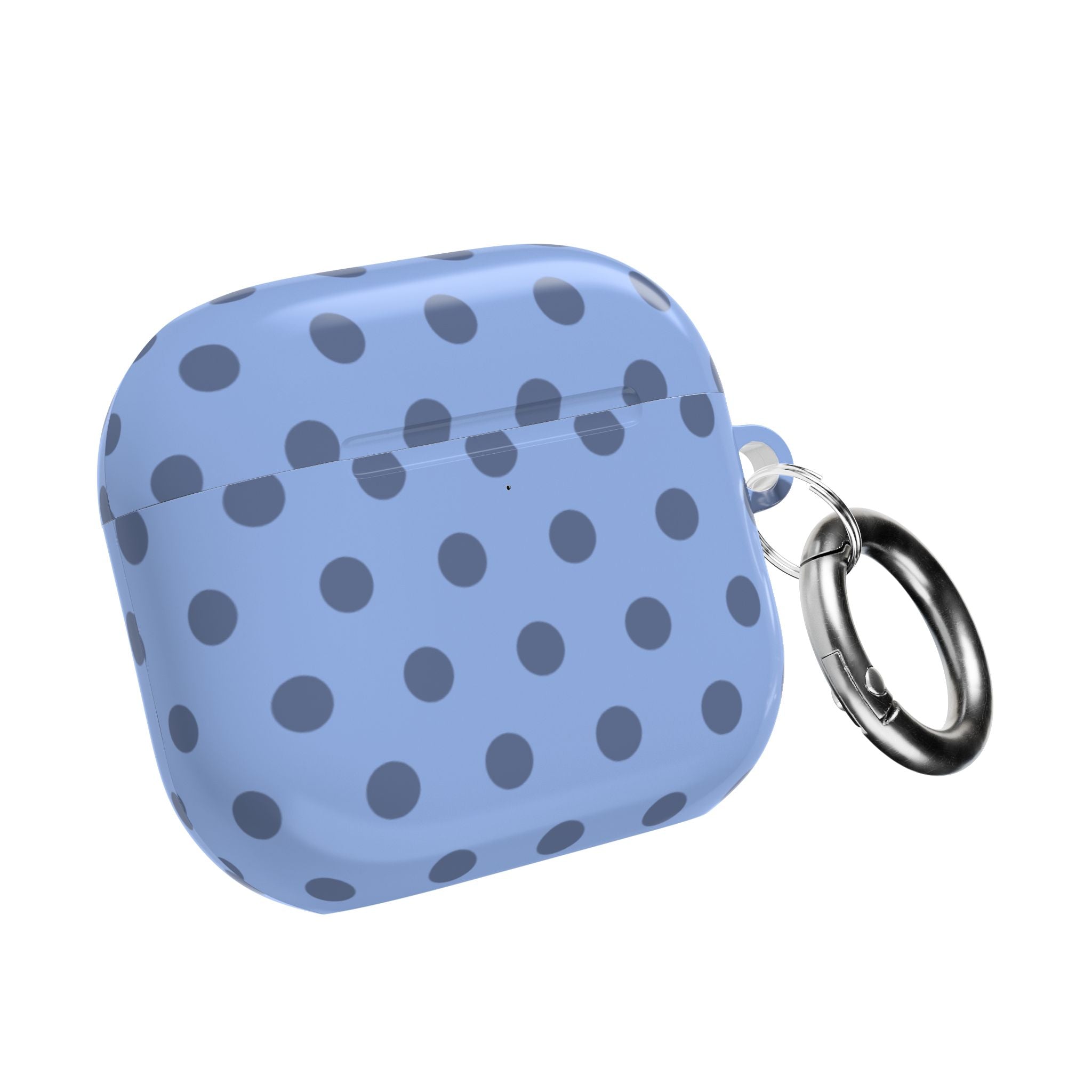 Blue polka dot AirPods case with metal keyring, closed shell and charging cutout