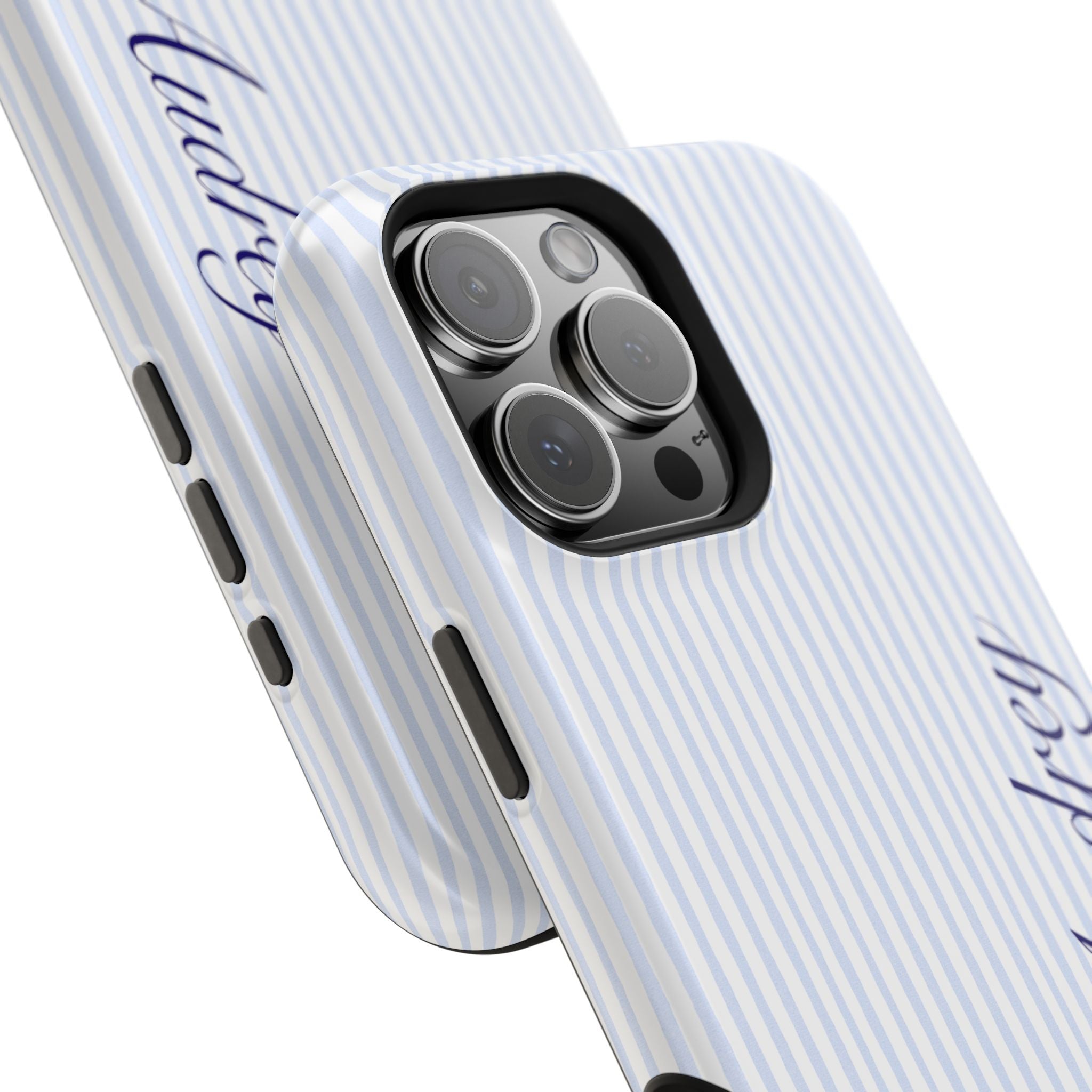 Blue striped phone case close-up with blue cursive custom name and camera lenses