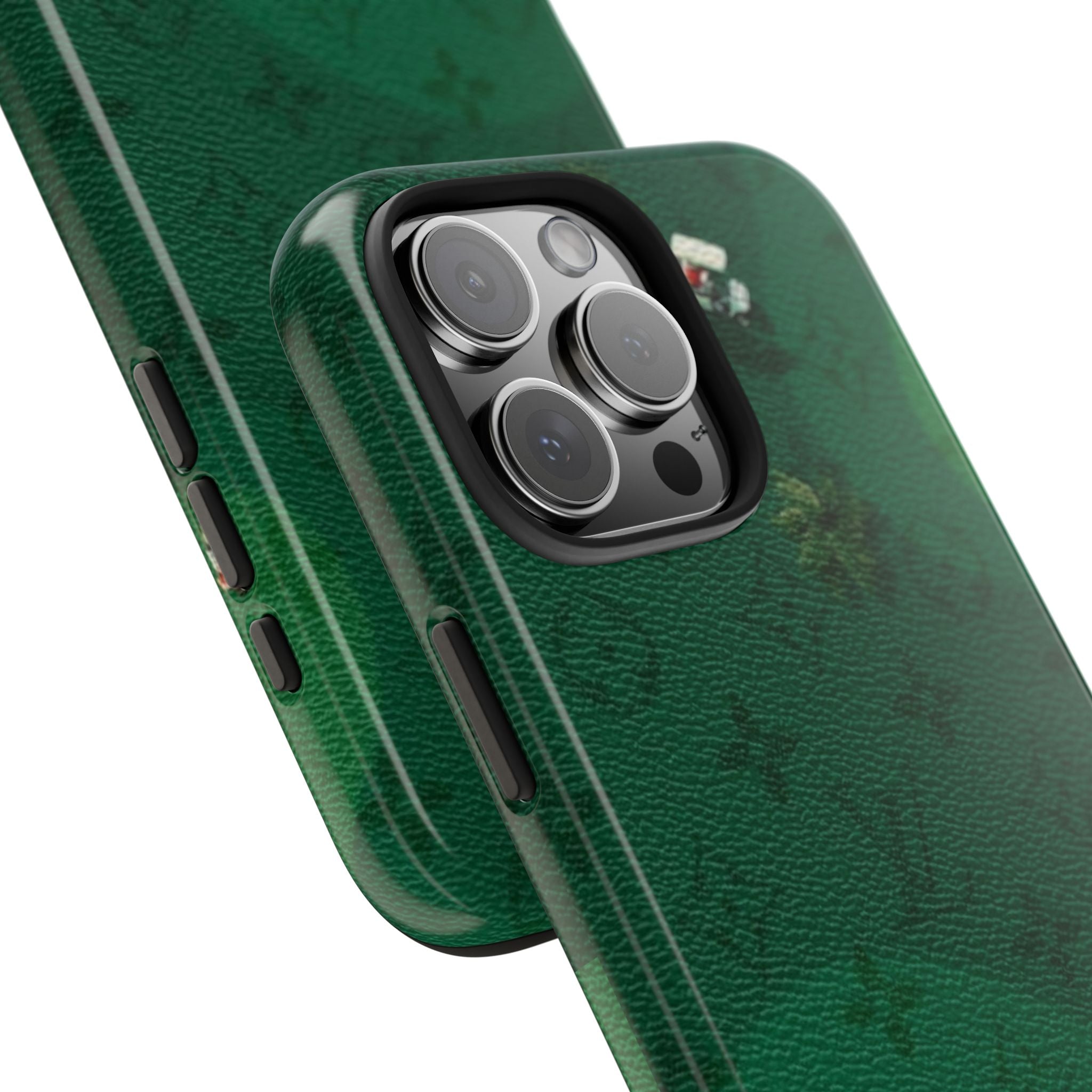 Green LV golf phone case, textured side and camera bump with lens protection.