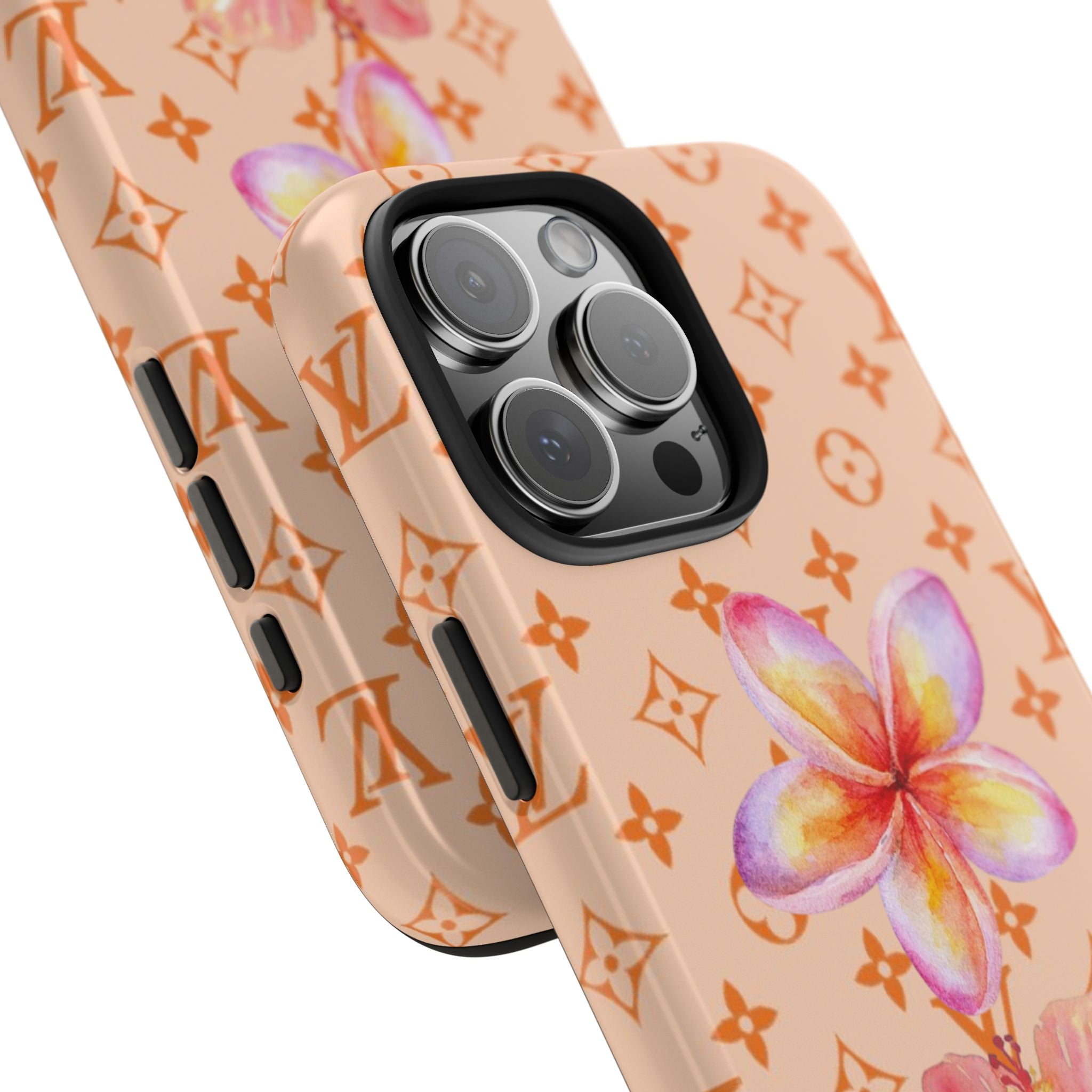 Peach orange phone case close-up with hibiscus print, LV pattern, camera lenses