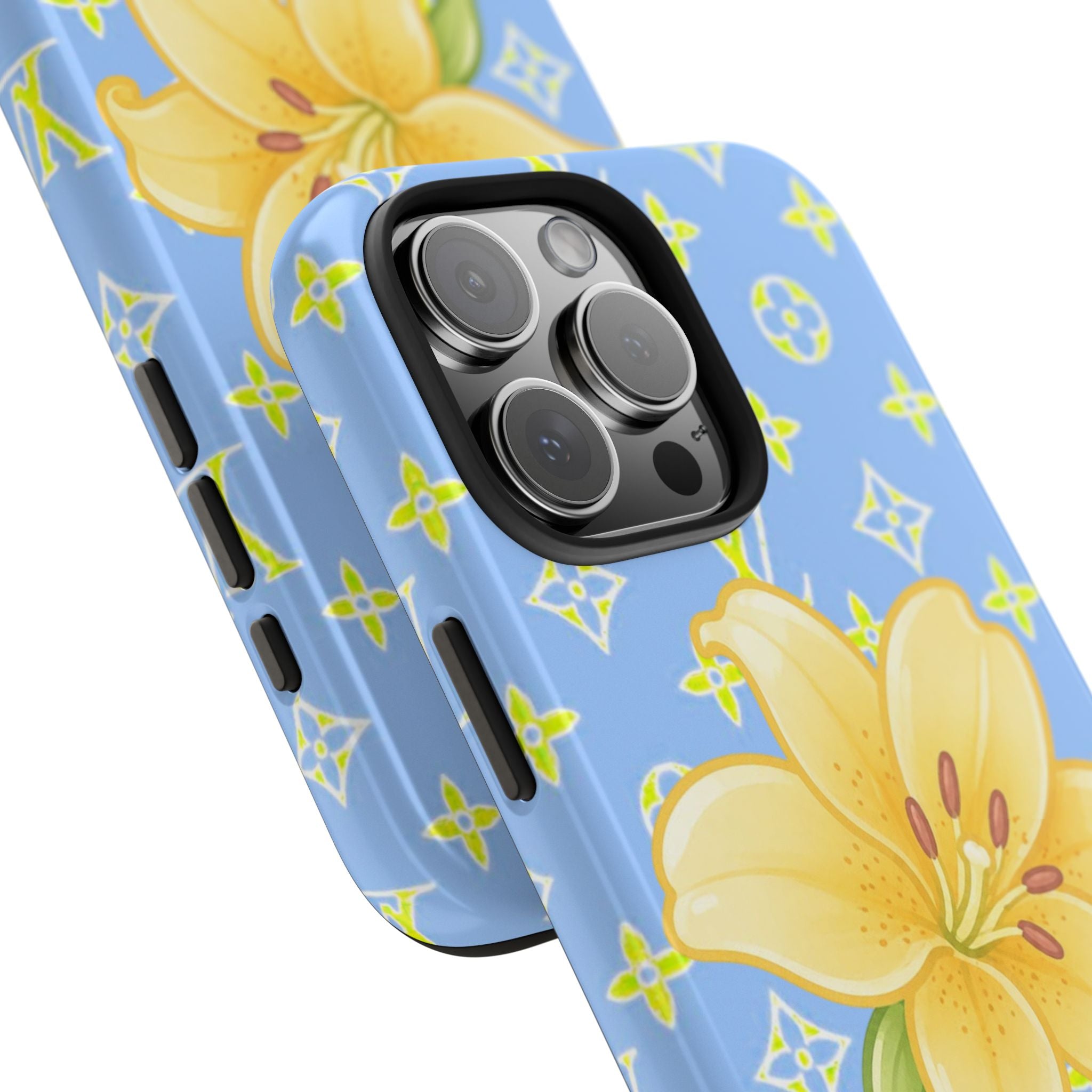 Blue phone case corner view with yellow lily flower art and LV icons, camera module cutout.