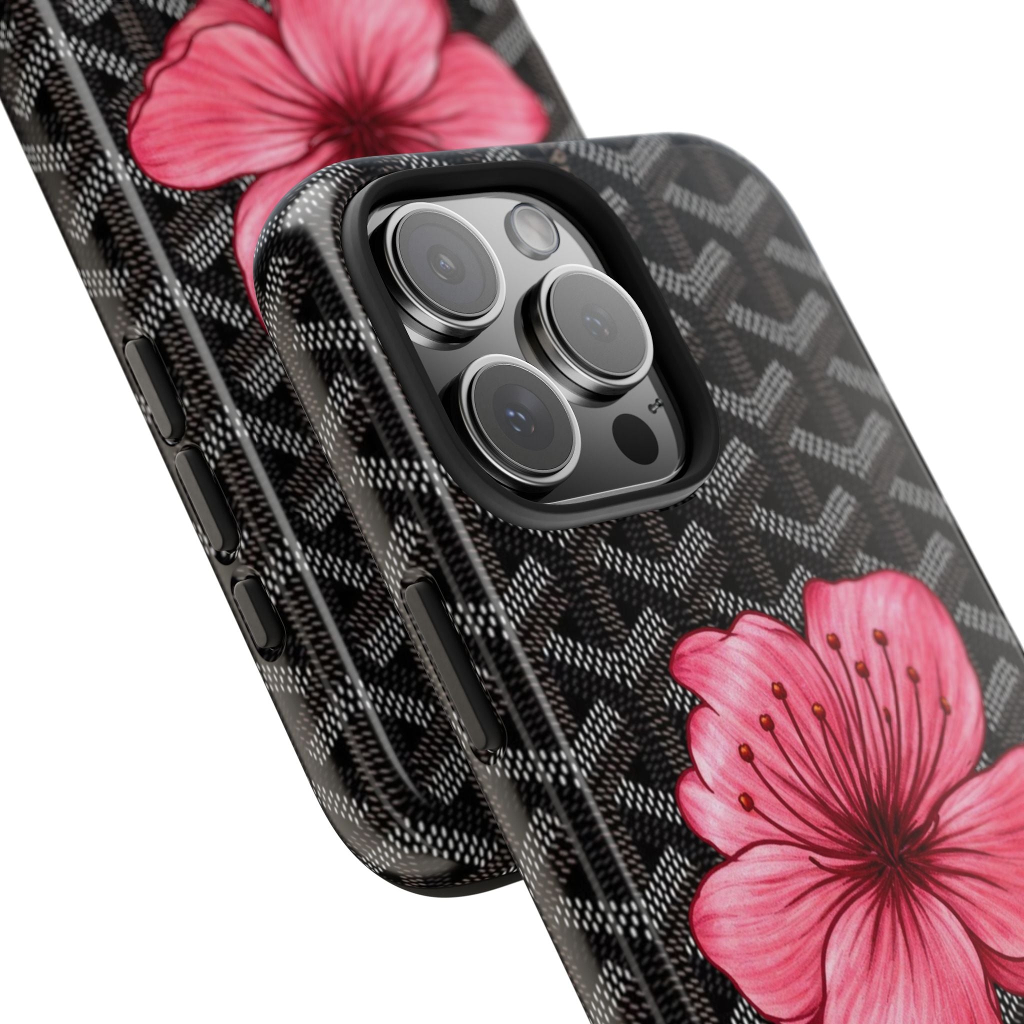 Black Goyard hibiscus phone case, close-up of camera cutout and pink flower