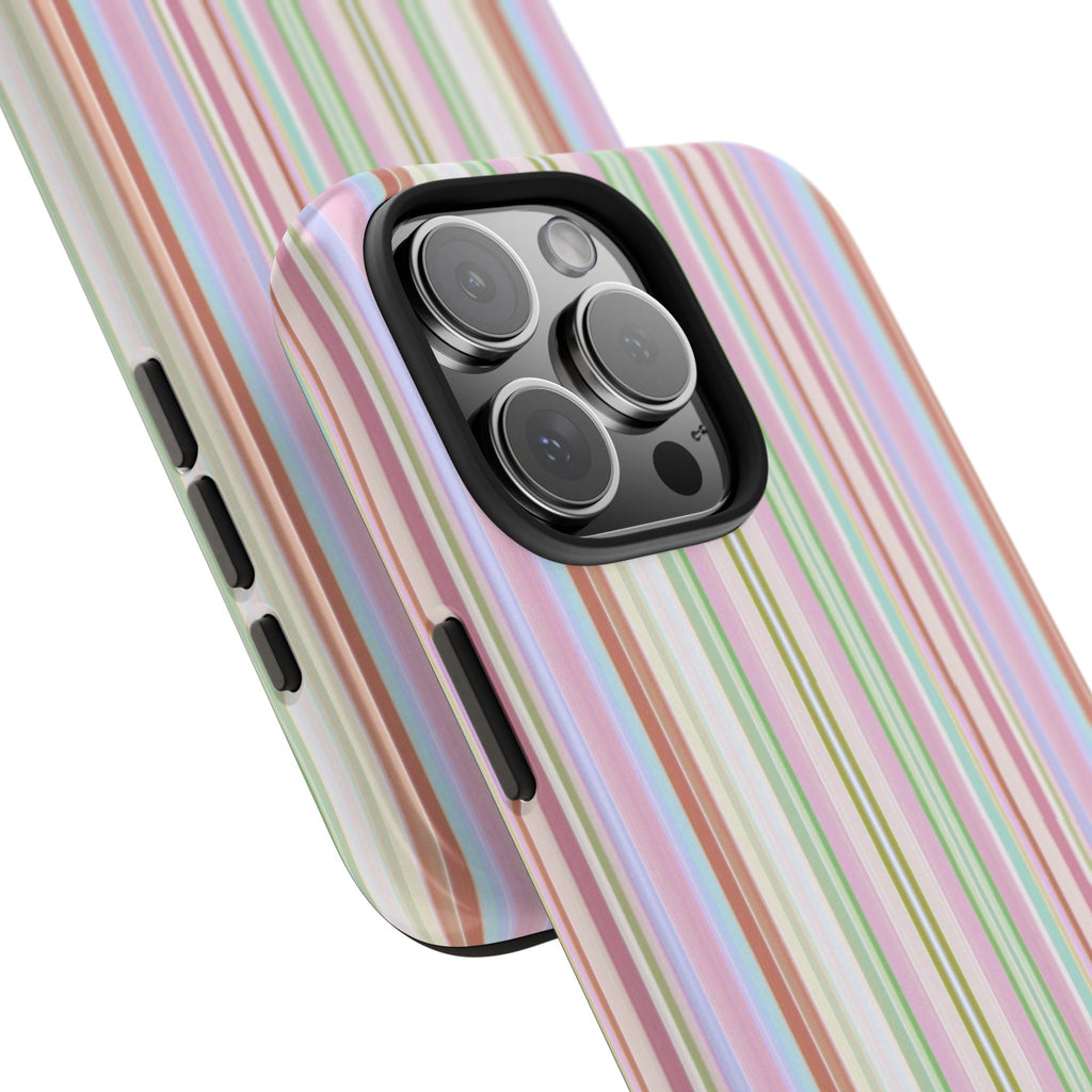 Phone case with pastel vertical stripes and angled view of triple-lens camera cover
