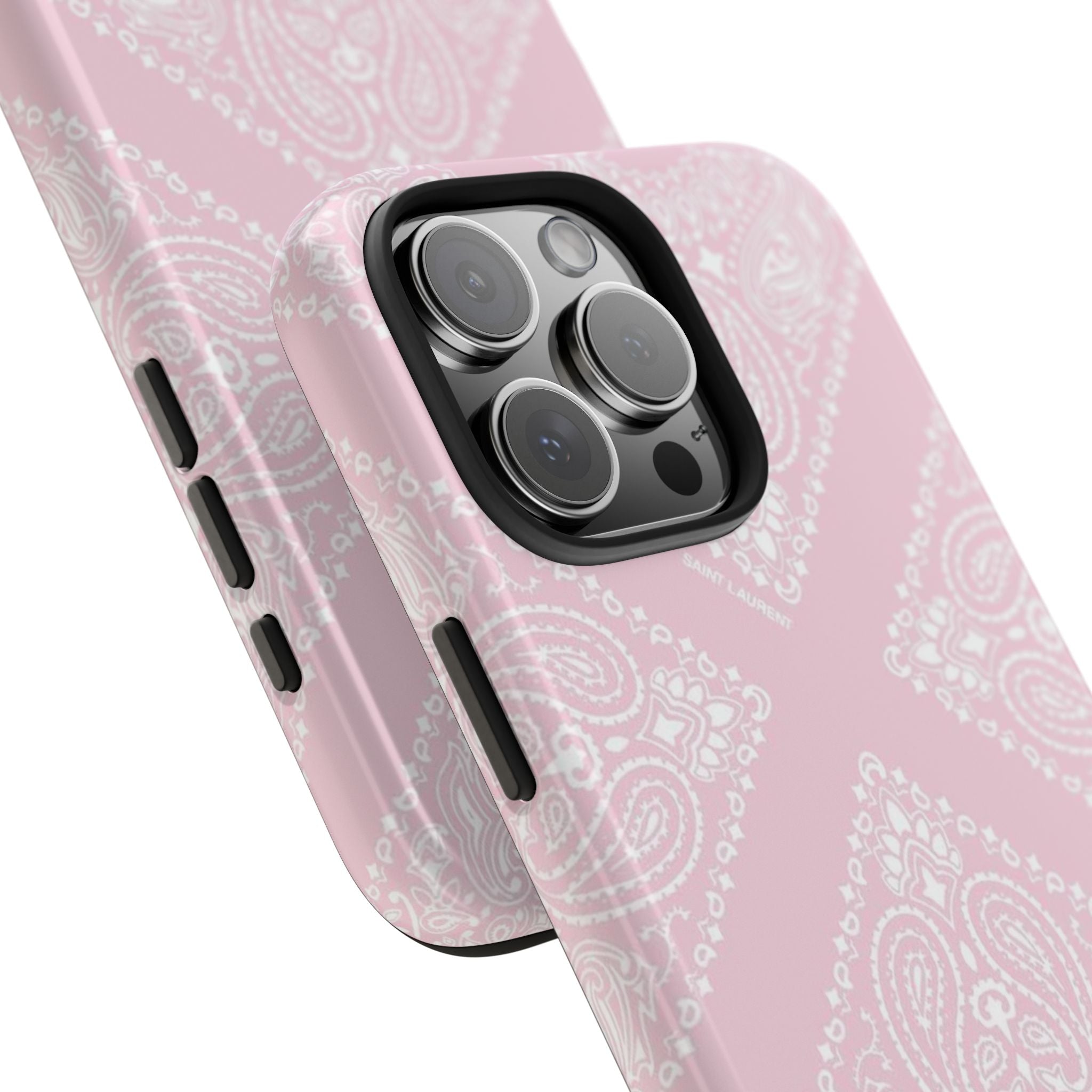 Baby pink phone case showing side button cutouts and white paisley bandana back