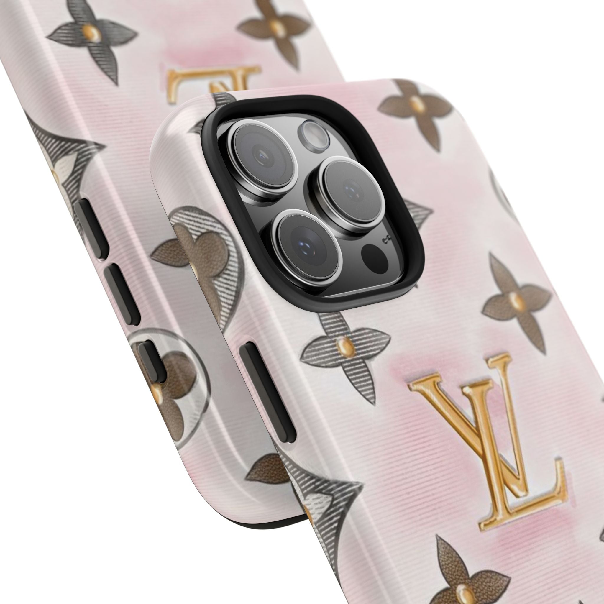 Light pink phone case corner view with gold LV logo, camera lenses and side buttons