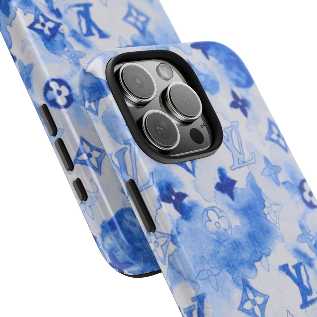 Watercolor blue phone case with LV monogram icons and camera lens protection cutout