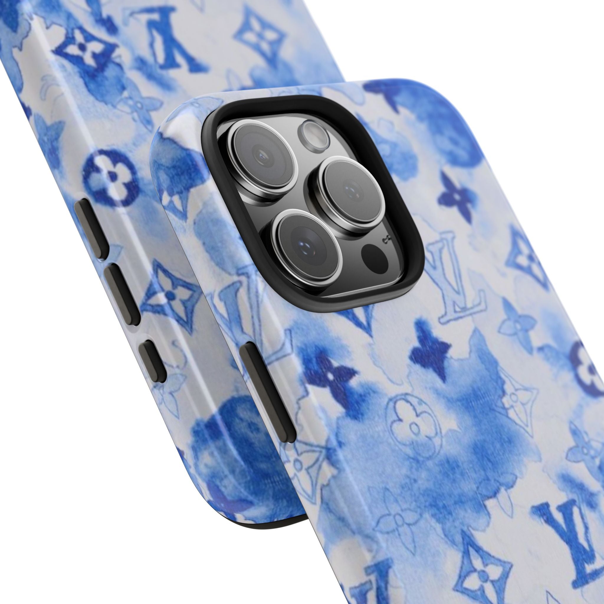 Watercolor blue phone case with LV monogram icons and camera lens protection cutout