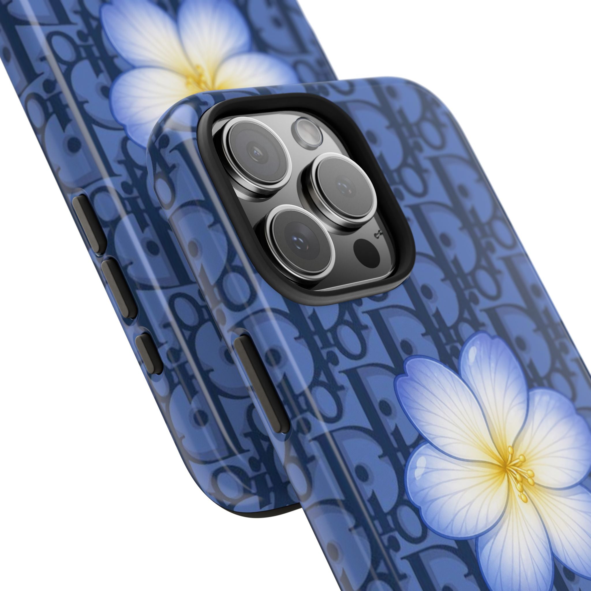 Dior flower phone case, angled view of camera cutouts and steel blue monogram flower