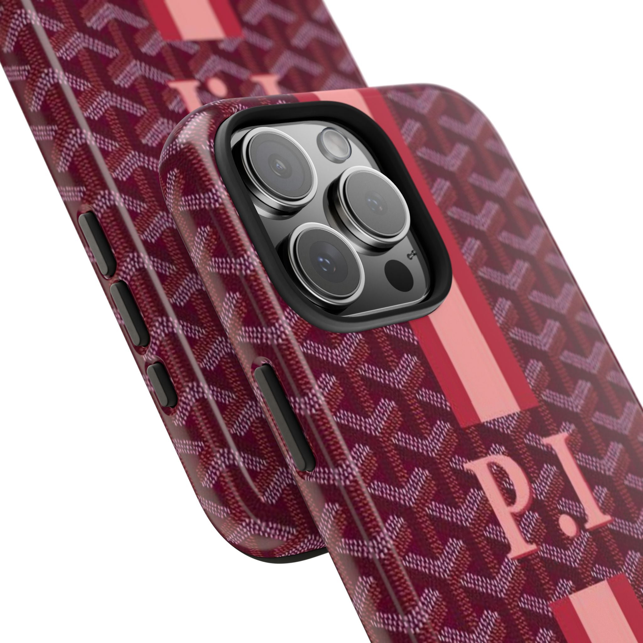 Raspberry patterned phone case closeup with pink stripe, camera cutout and side buttons