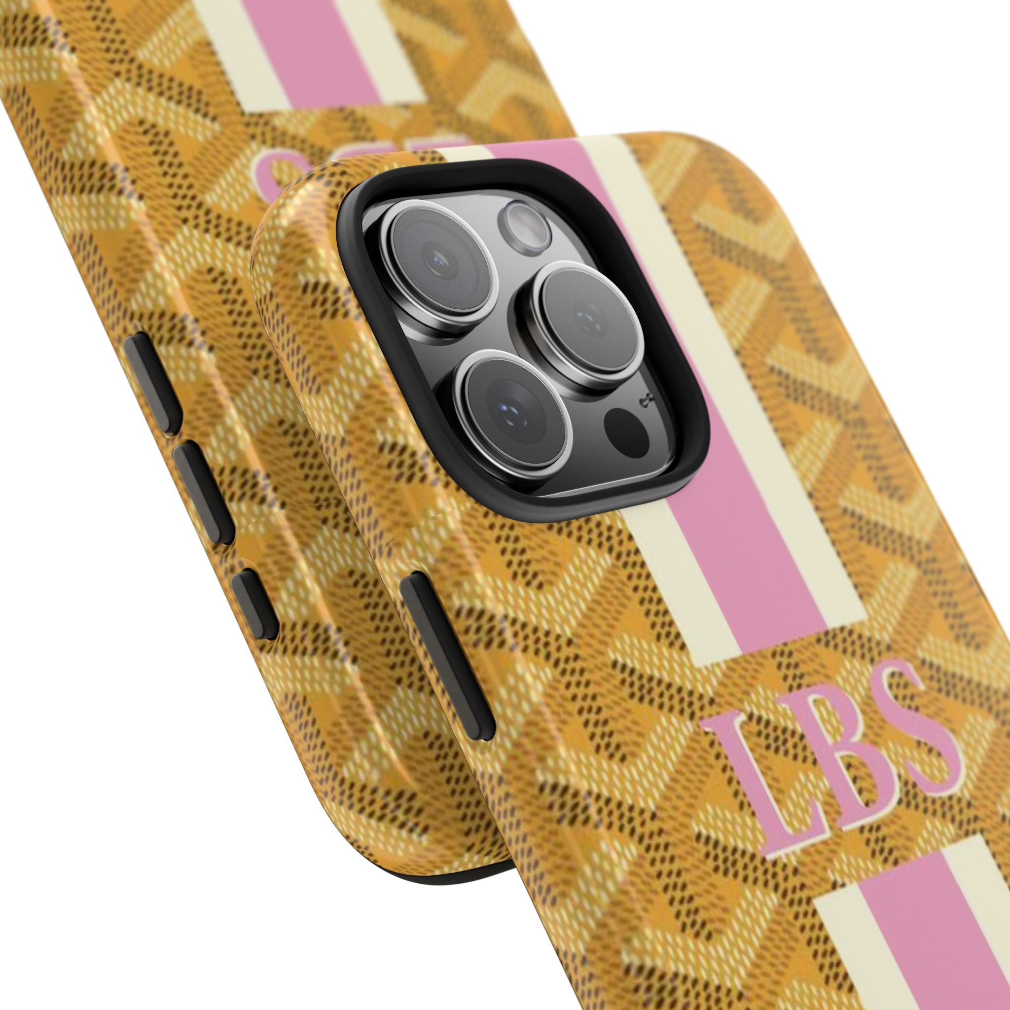 Mustard yellow phone case with Goyard-style pattern, pink/white stripe back, LBS initials