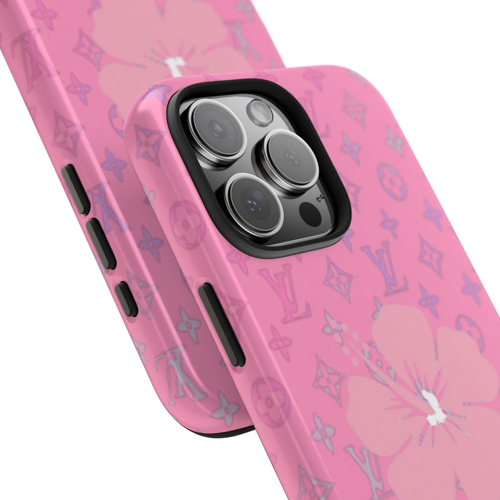 Pink phone case with LV monogram and hibiscus flower, side button and camera bump
