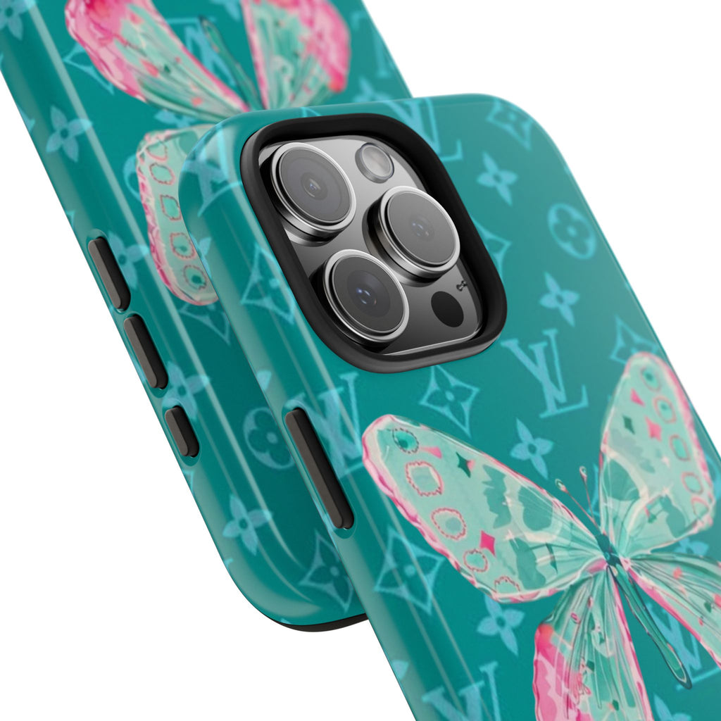 Teal phone case with butterfly graphic and monogram pattern, camera bump cutouts
