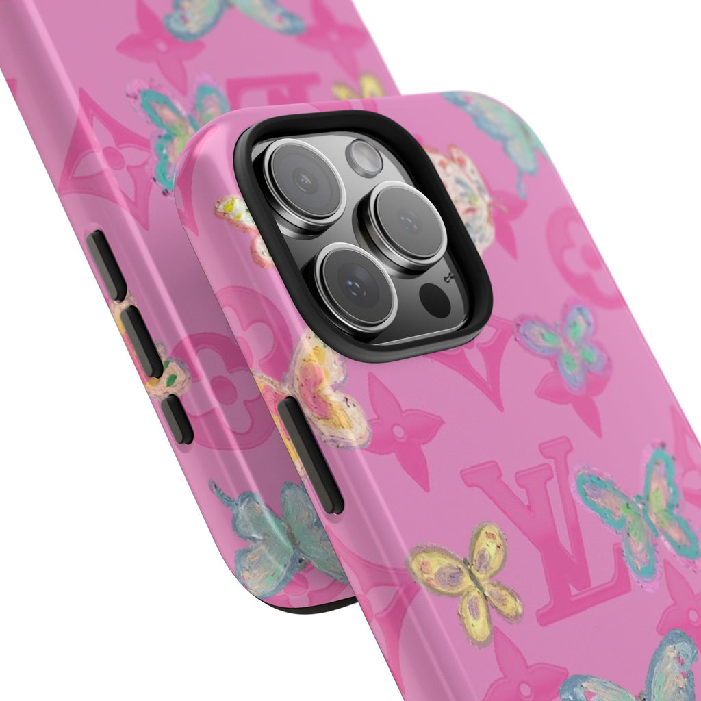 Pink phone case close-up with butterfly print, glossy finish and camera lens openings
