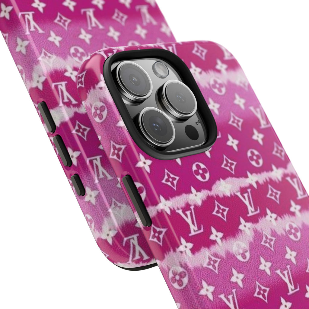 Magenta pink tie-dye LV phone case close-up with camera cover and button cutouts