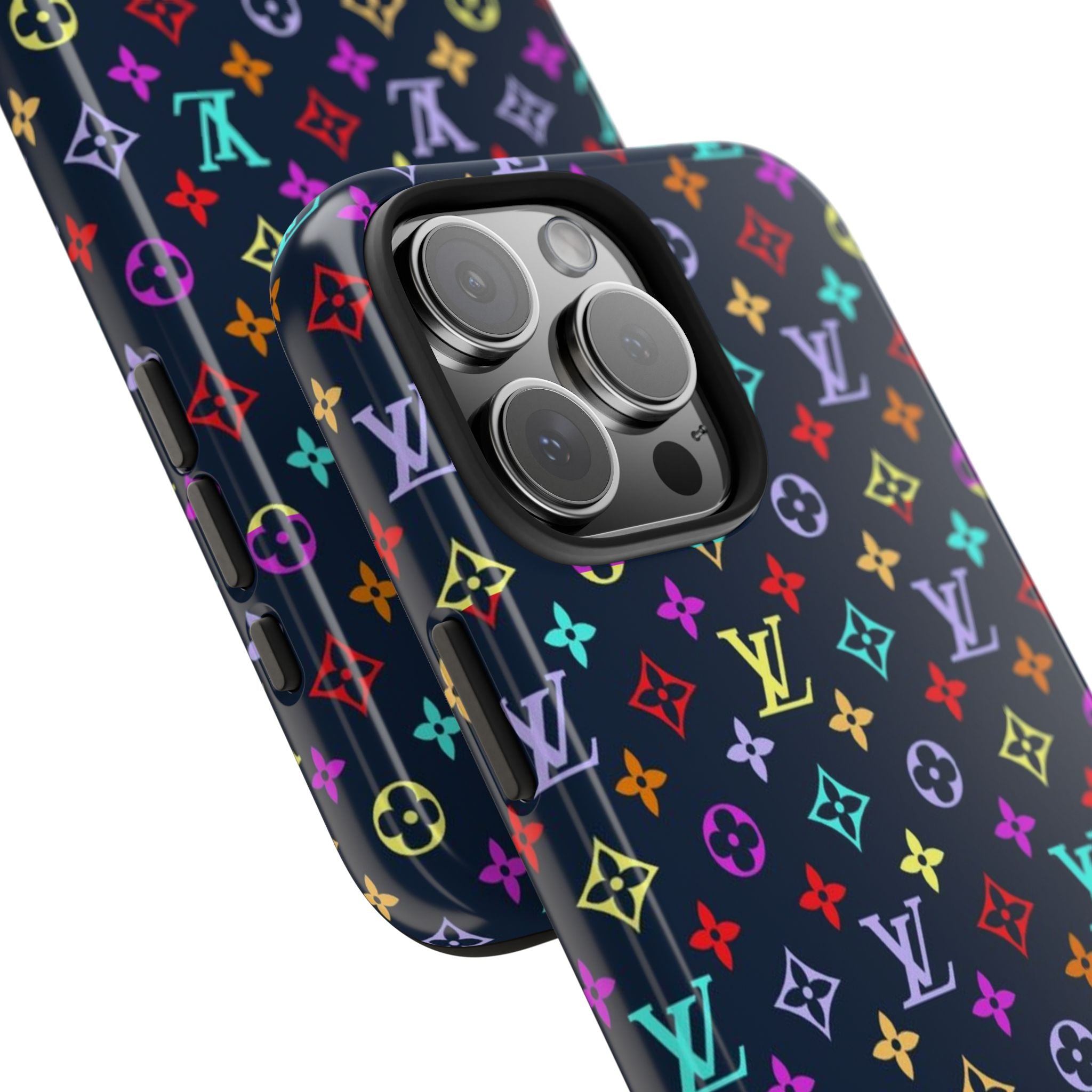 Navy blue phone case with multicolor LV pattern, side buttons, and camera lens bump