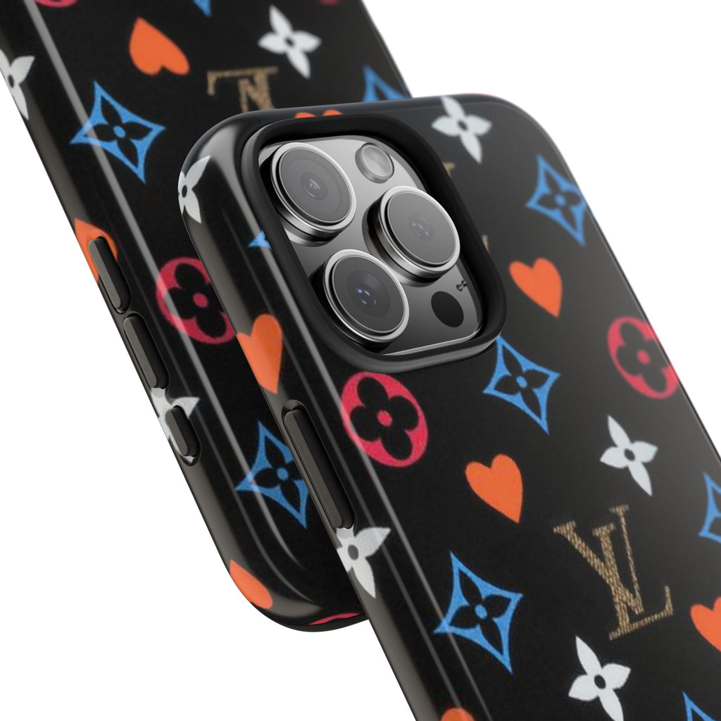 Black phone case close-up with LV hearts pattern and raised camera lens cover