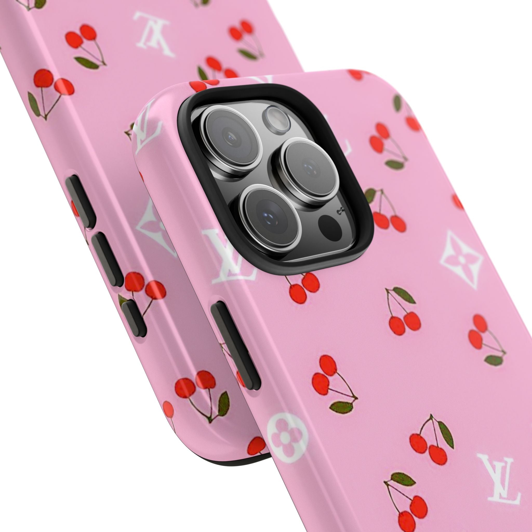 Pink phone case corner view with cherries and LV monograms, raised camera protection
