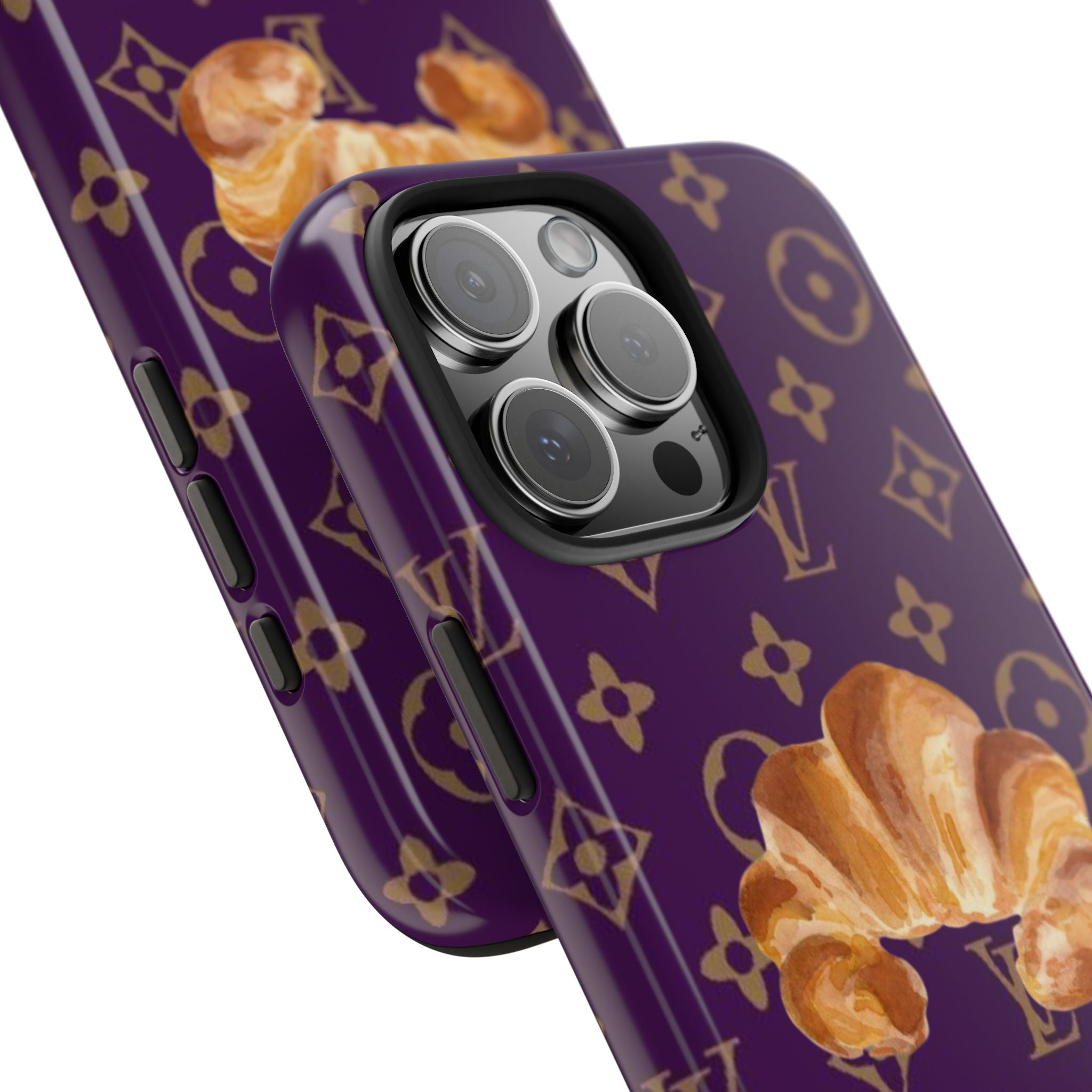 Mauve LV croissant phone case close-up with gold monogram print, croissant detail, lens cutouts
