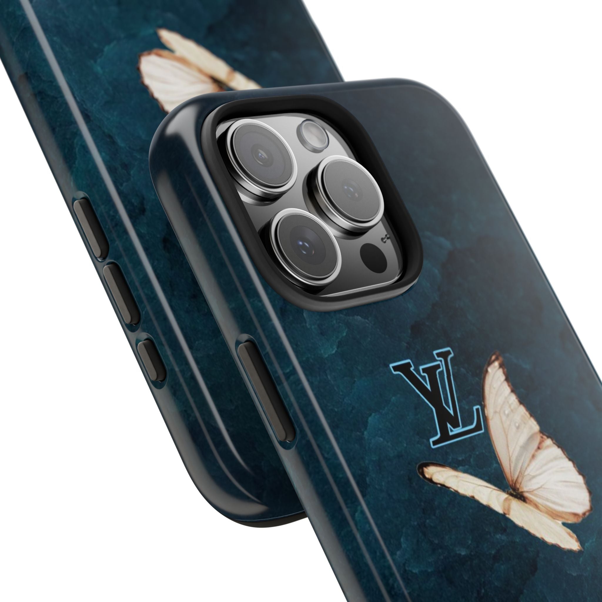 Teal phone case with white butterfly print, LV monogram and raised camera lenses